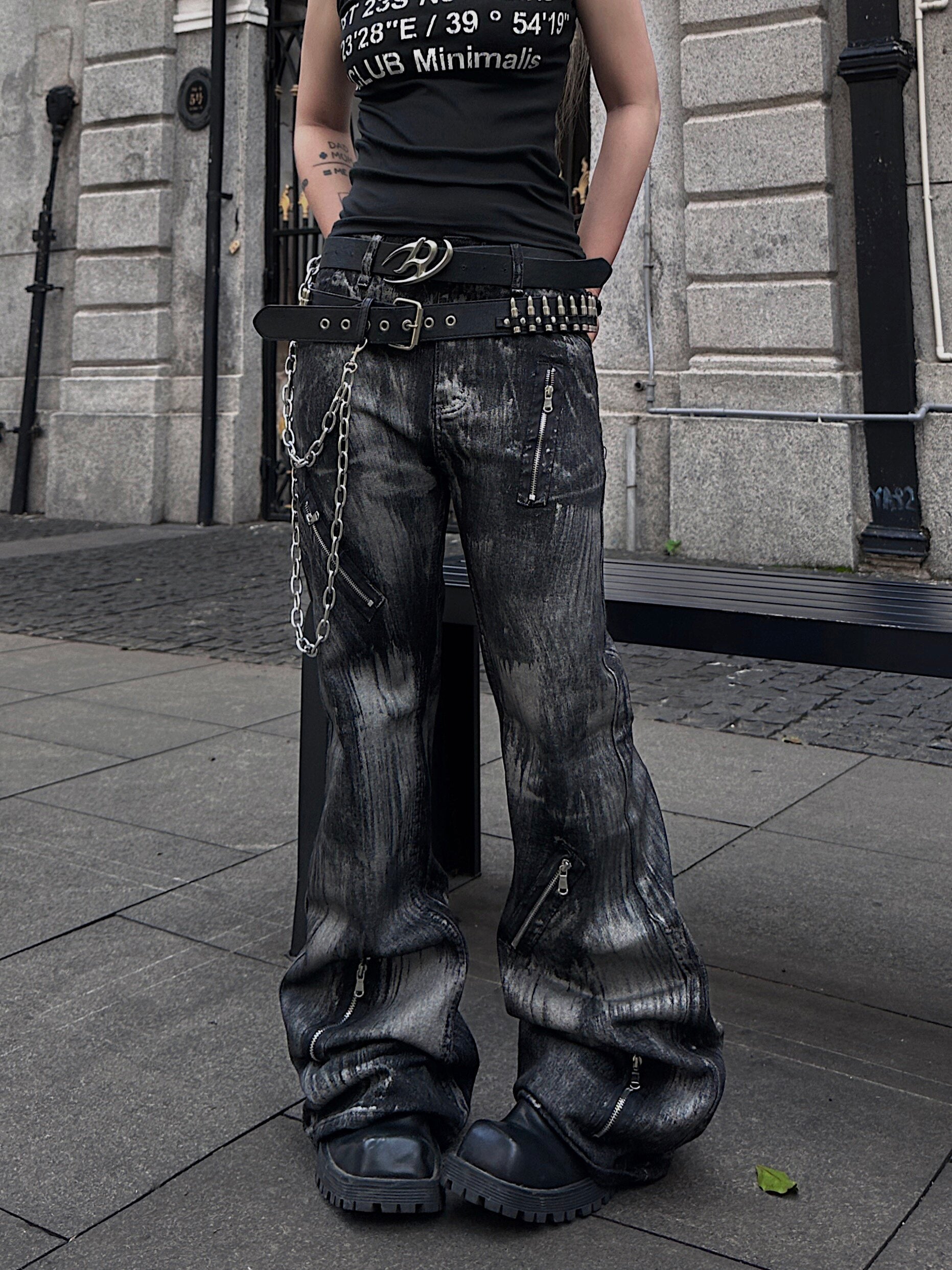 Men's Distressed Washed Zip Wide-Leg Jeans