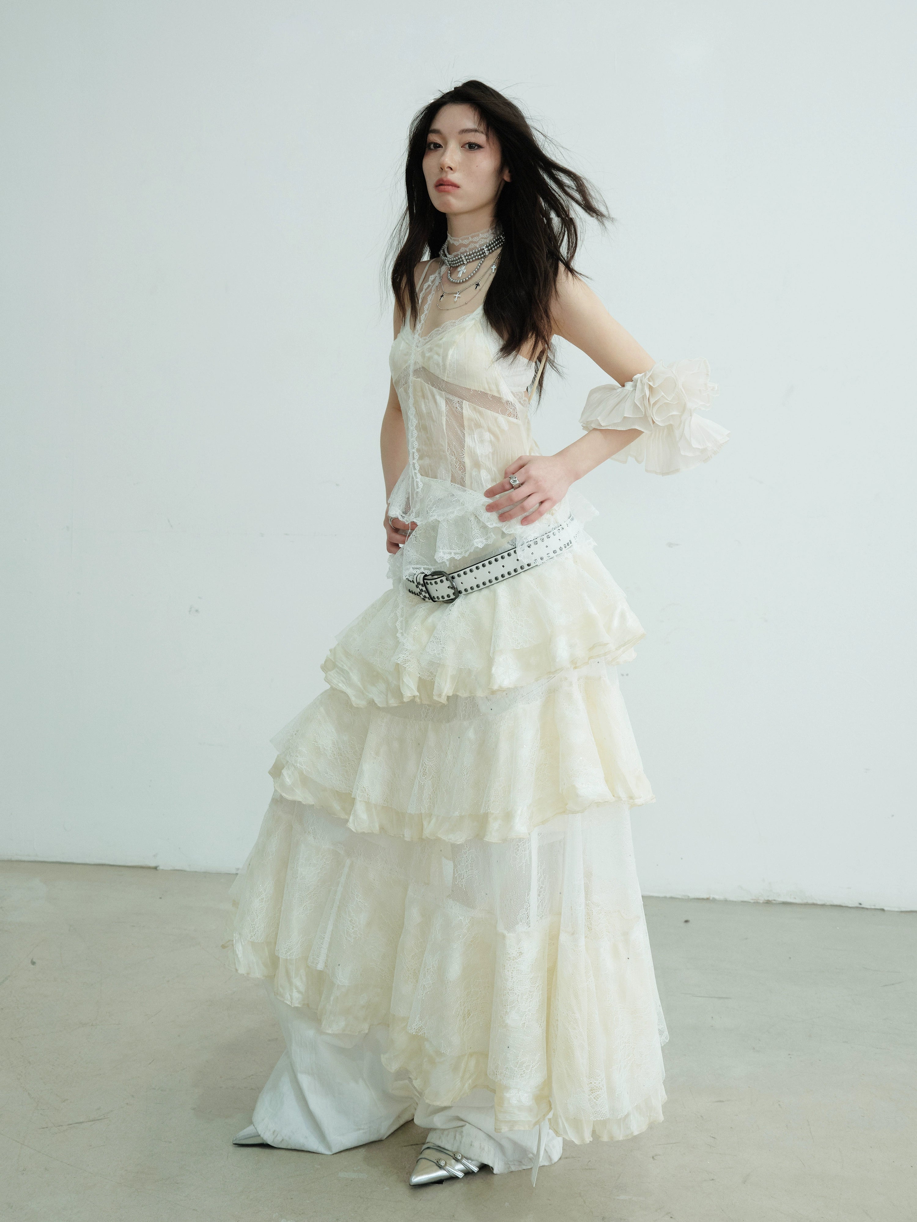 Tiered Ruffle Lace Maxi Slip Dress