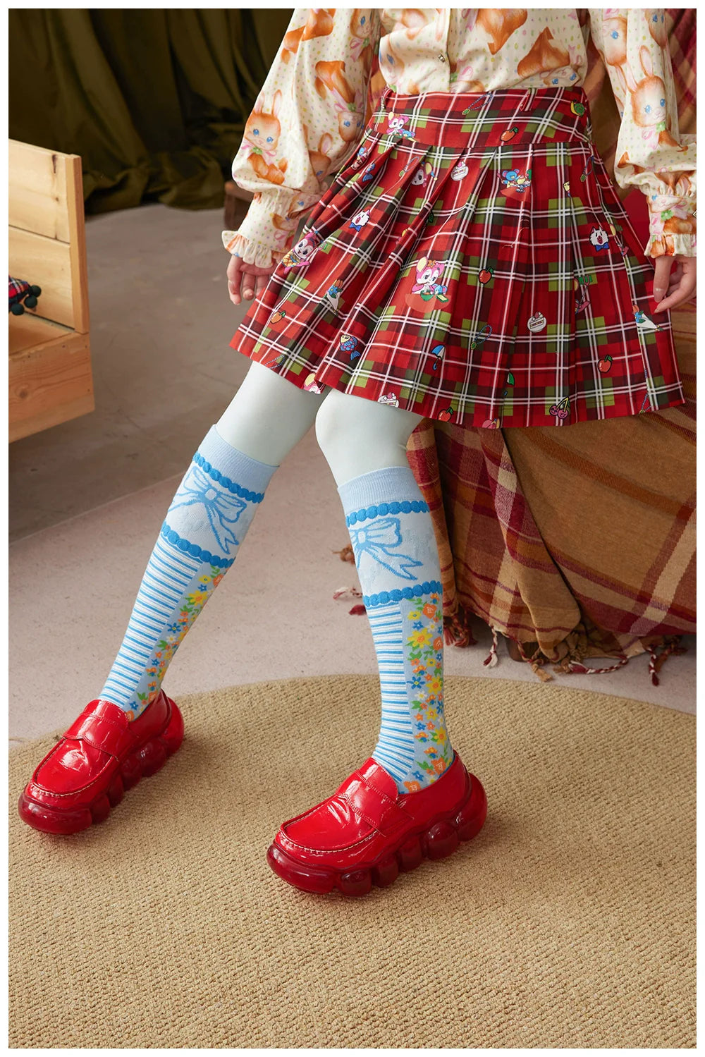 Red Plaid Cartoon Tennis Pleated Skirt