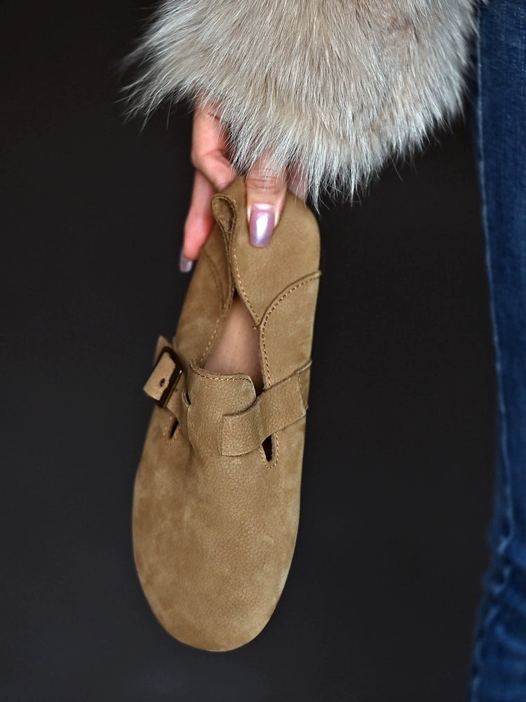 Tan Buckle Leather Slip Loafers
