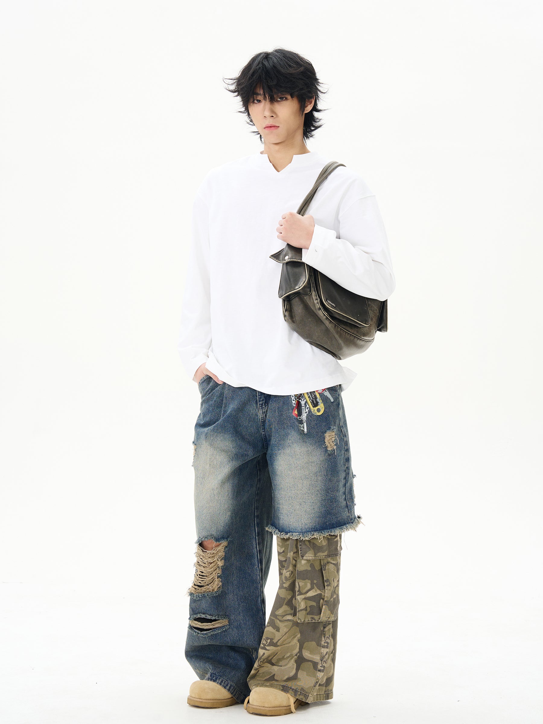 Distressed Patchwork Wide-Leg Denim Jeans