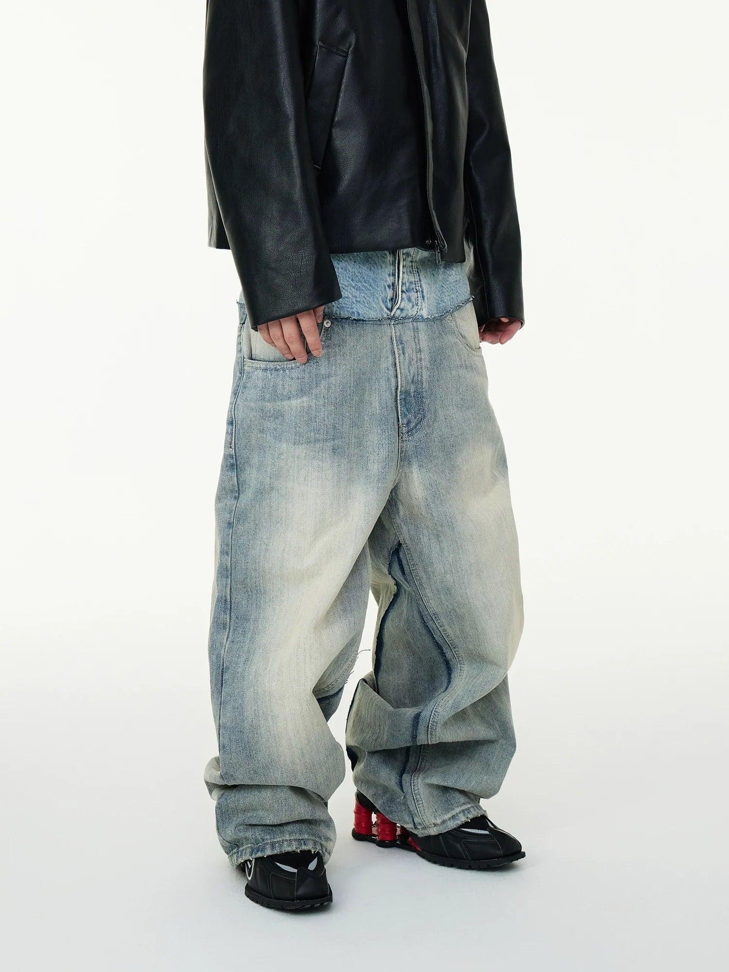 Layered Two-Tone High-Waisted Baggy Jeans