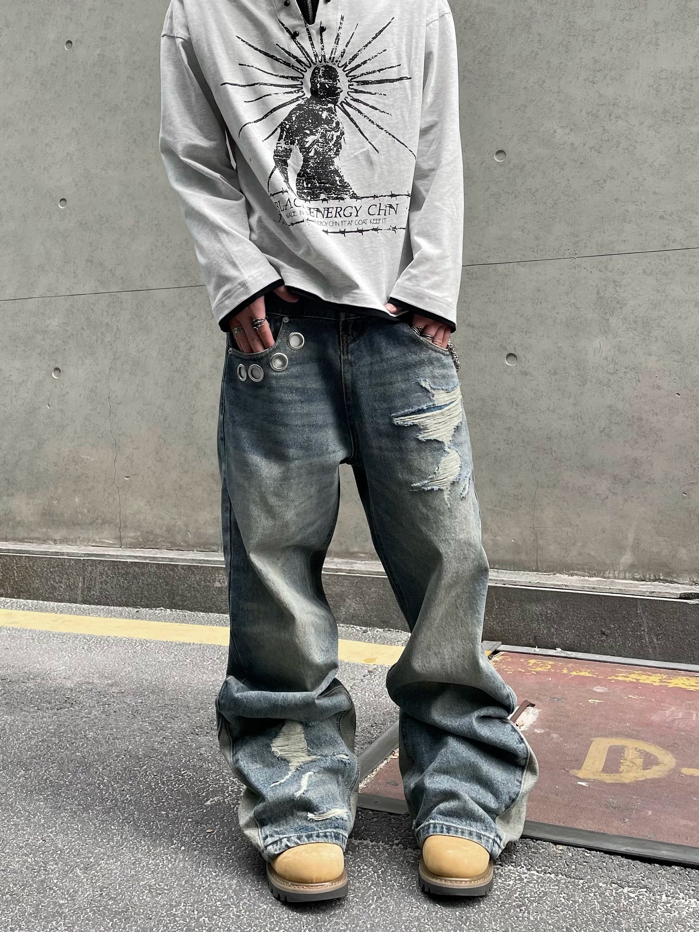 Paneled Distressed Rivet Wide Leg Jeans