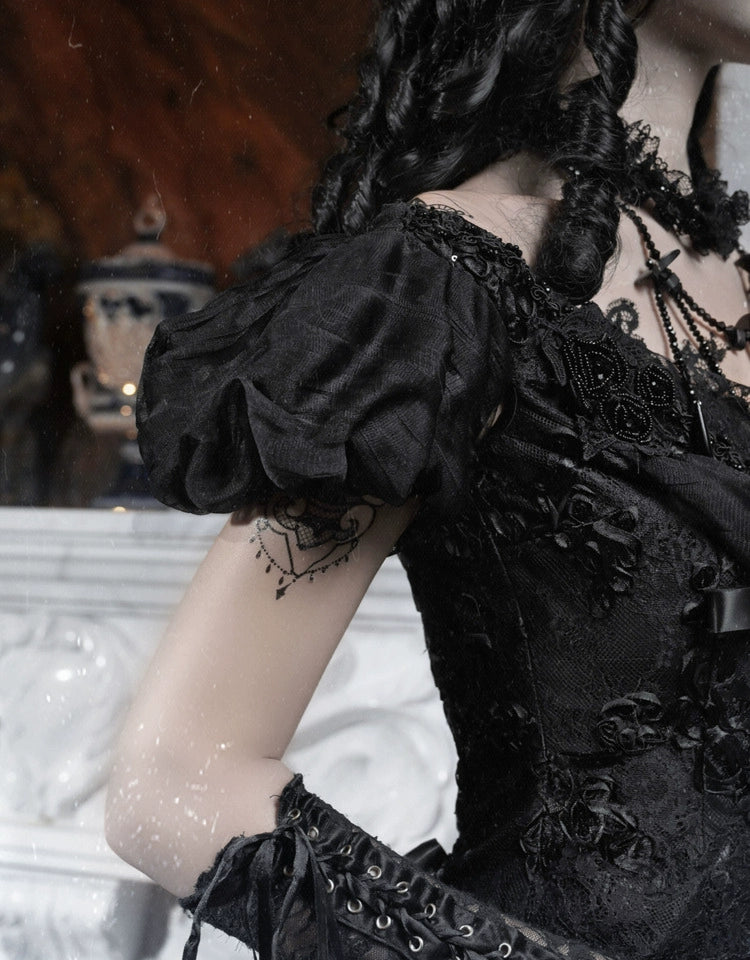 Gothic Black Lace Puff Sleeve Corset Top