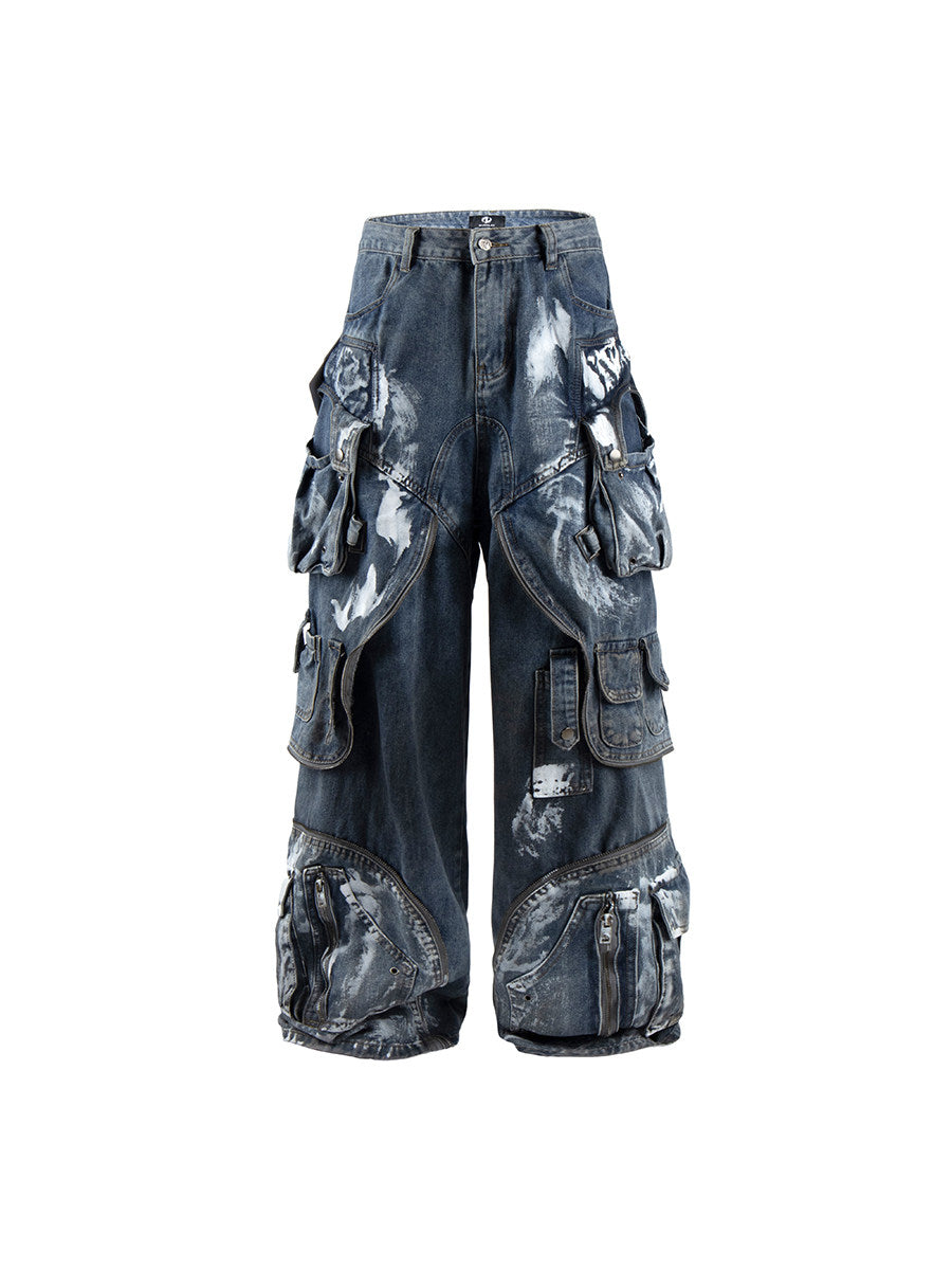 Men's Deconstructed Layered Dirty Washed Wide-Leg Cargo Jeans
