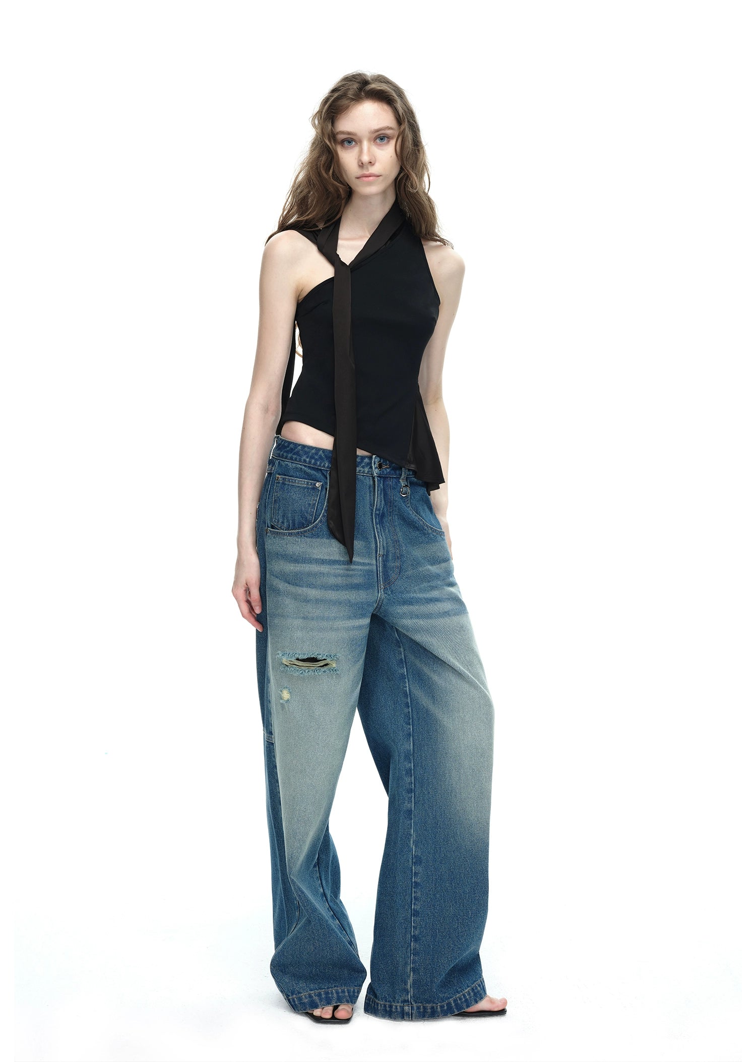 Black Asymmetrical Halter Top with Side Tie Detail