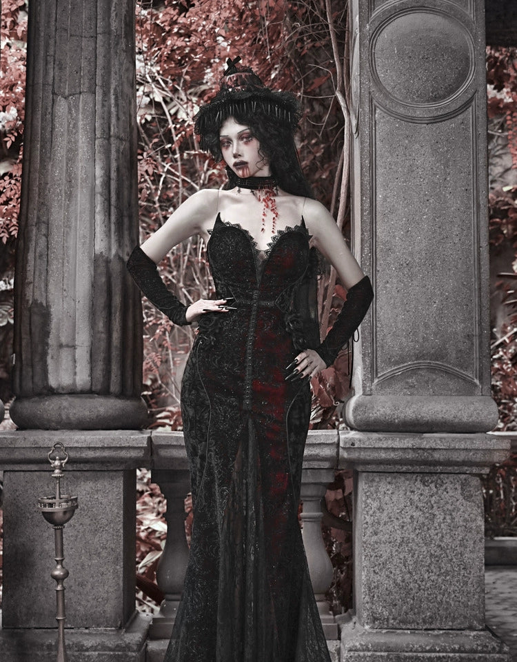 Gothic Black and Red Lace Mermaid Gown