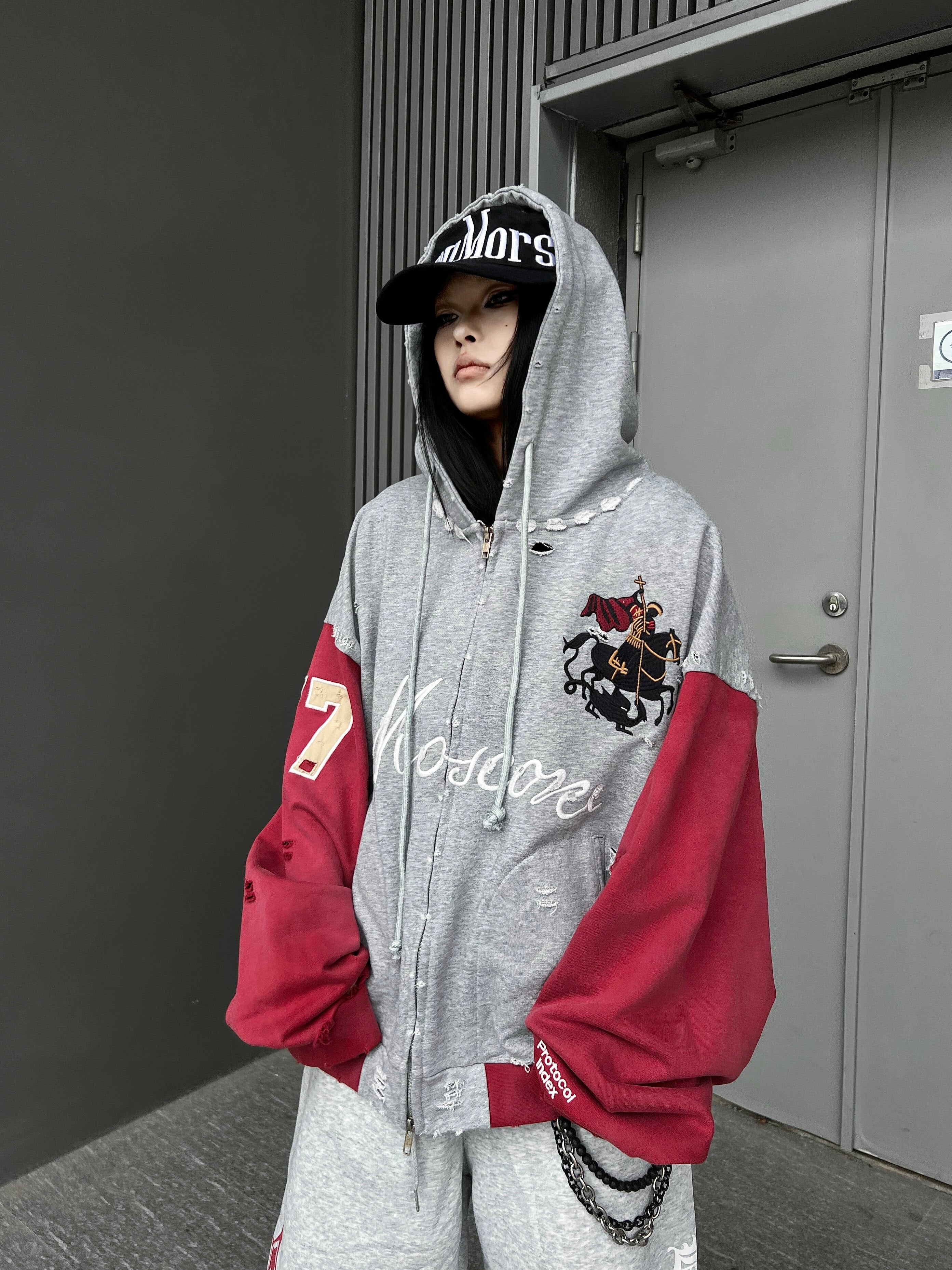 Men's Distressed Number-Print Embroidered Oversized Zip-Up Hoodie