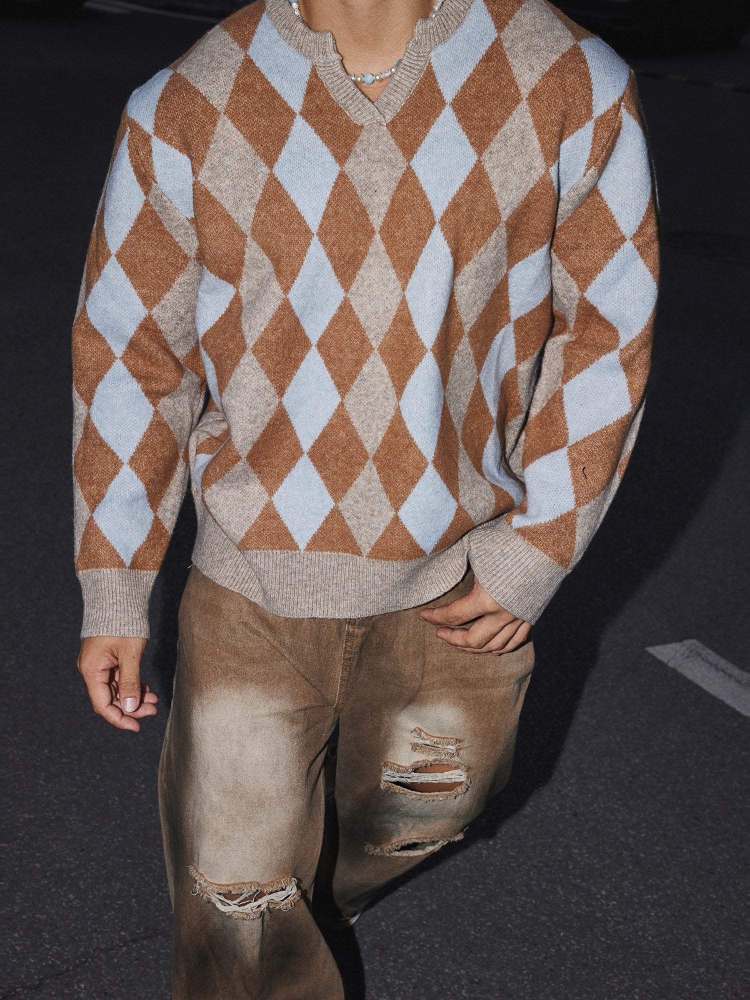 Caramel Frost Argyle Knit Sweater