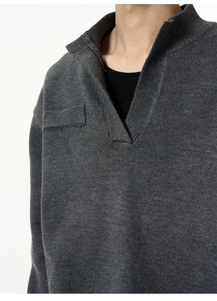 Charcoal Half-Placket Knit Sweater