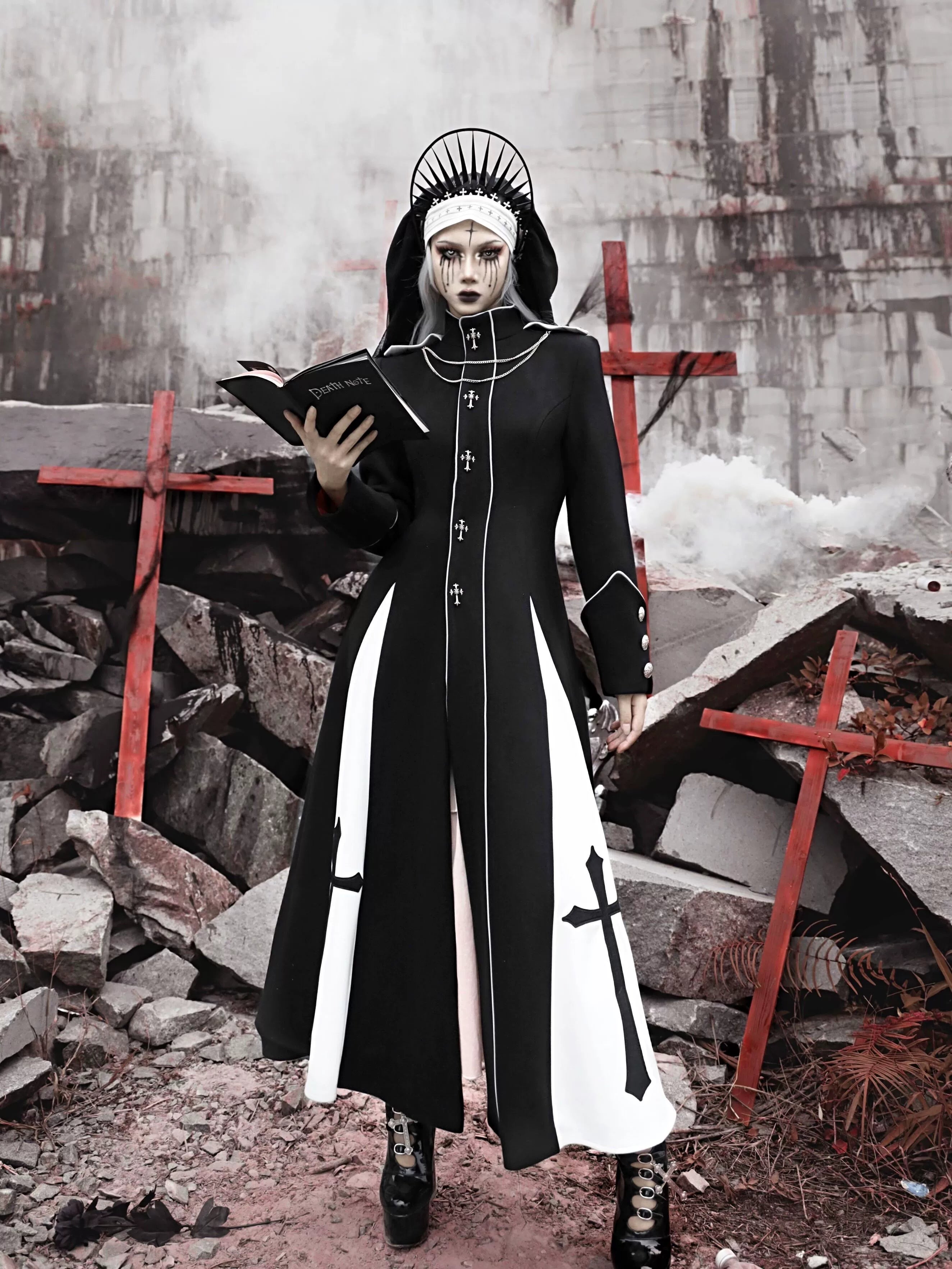 Gothic Cross Long Trench Coat by BLOOD SUPPLY | Chiclara