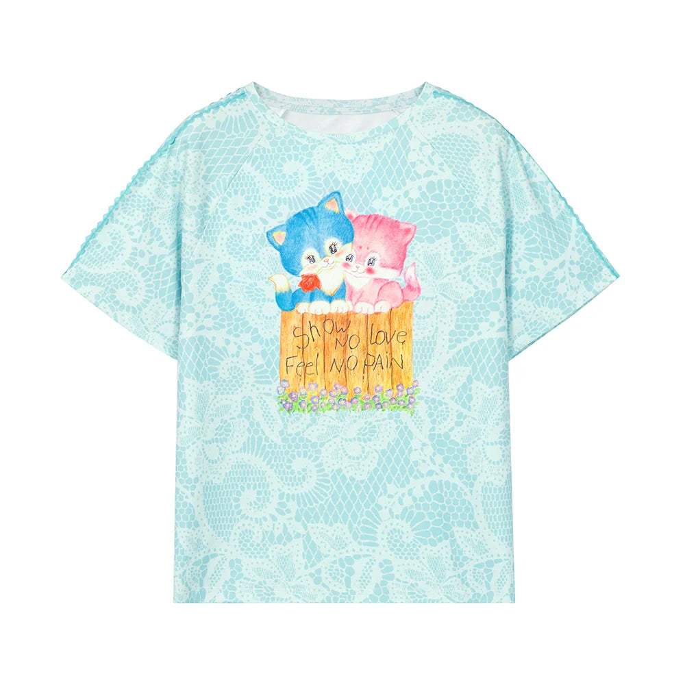 Kitty Print Ruffle Cold Shoulder and T-Shirt