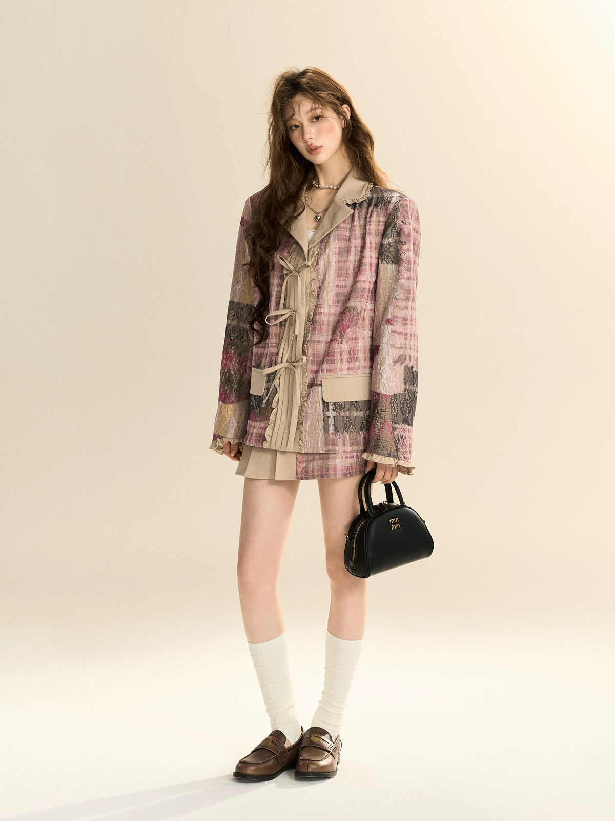 Pink Plaid Textured Blazer with Pleated Details and Beige Accents