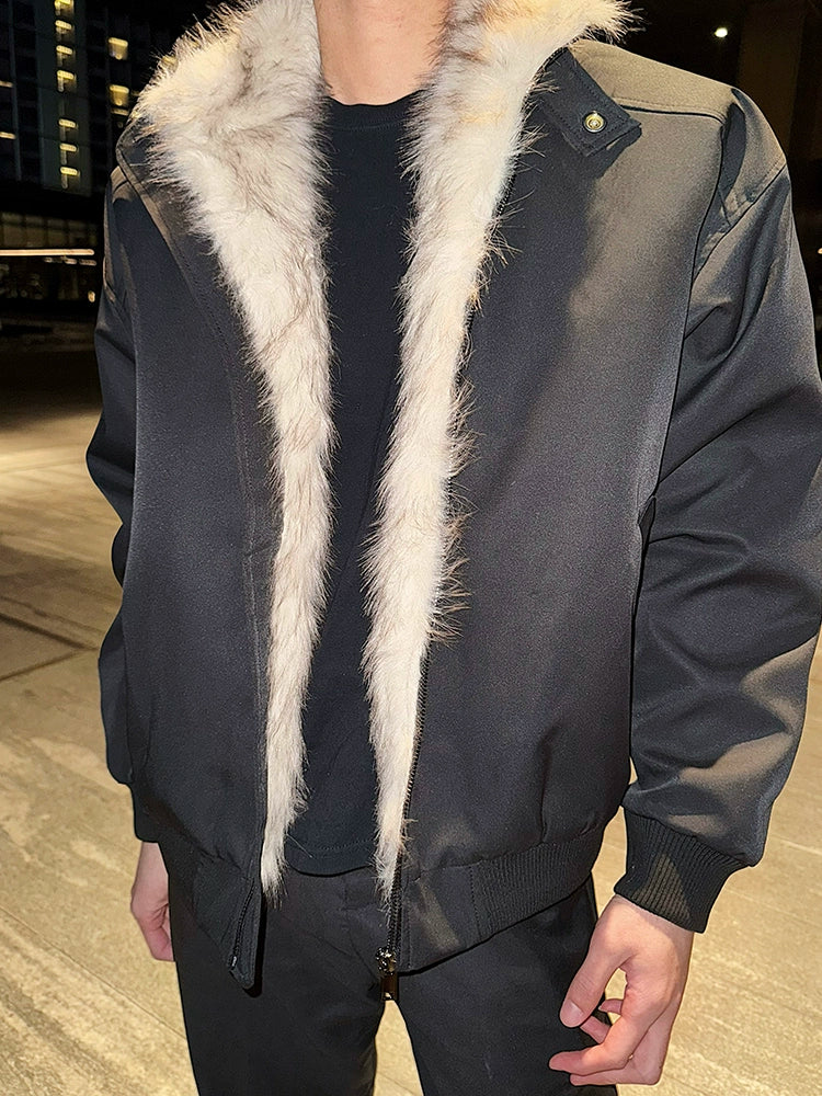 Black Bomber Jacket with Light Faux Fur Trimmed Lapel