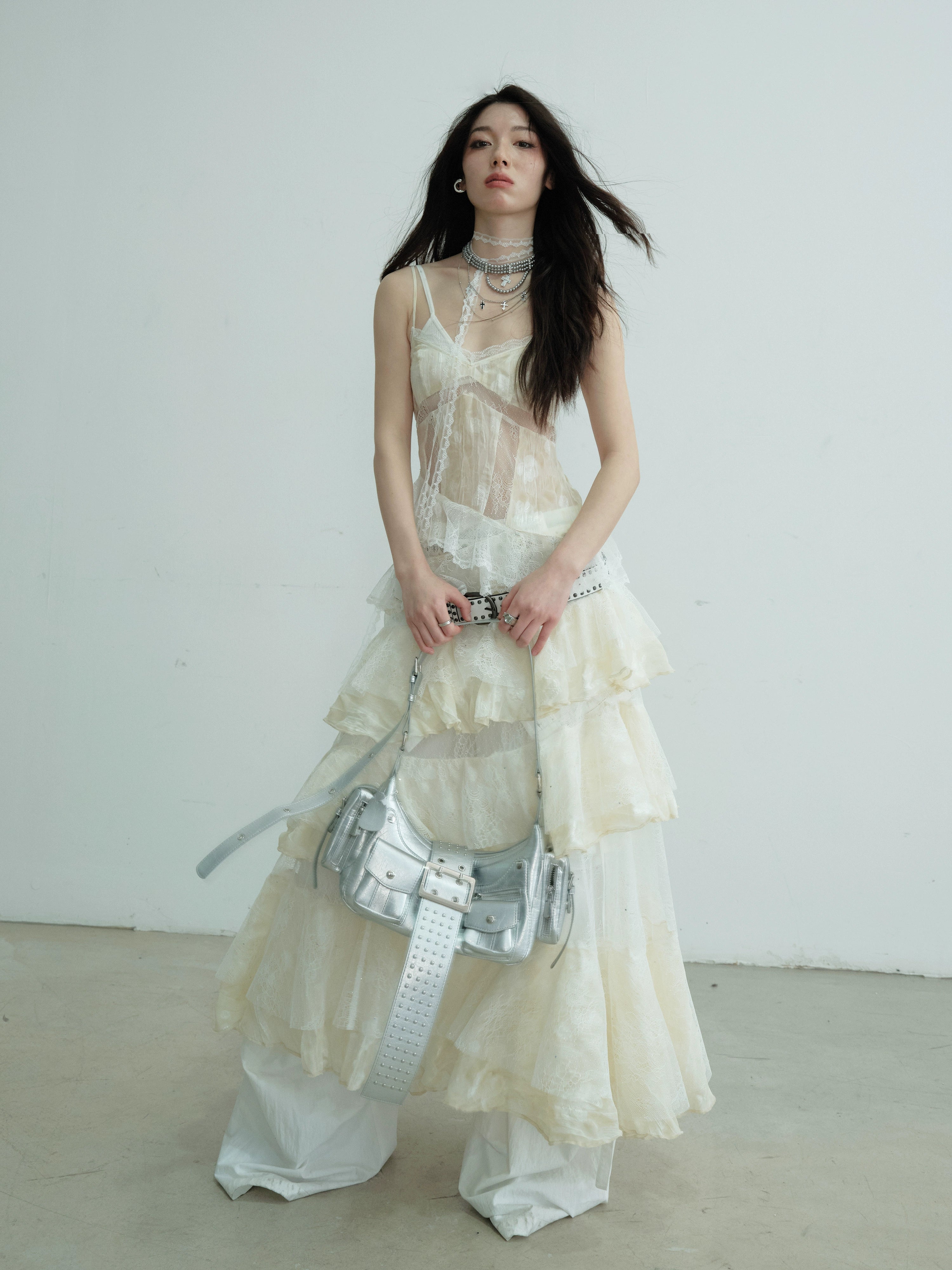 Tiered Ruffle Lace Maxi Slip Dress