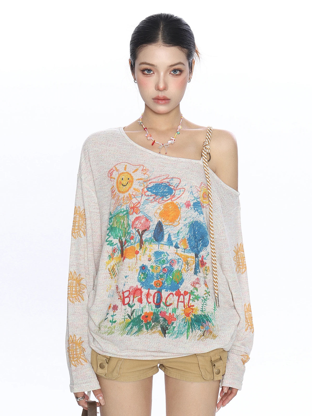 Sunlit Sketch Off-Shoulder Graphic Knit Top