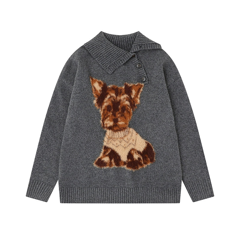 Cozy Terrier Shawl-Collar Knit Sweater