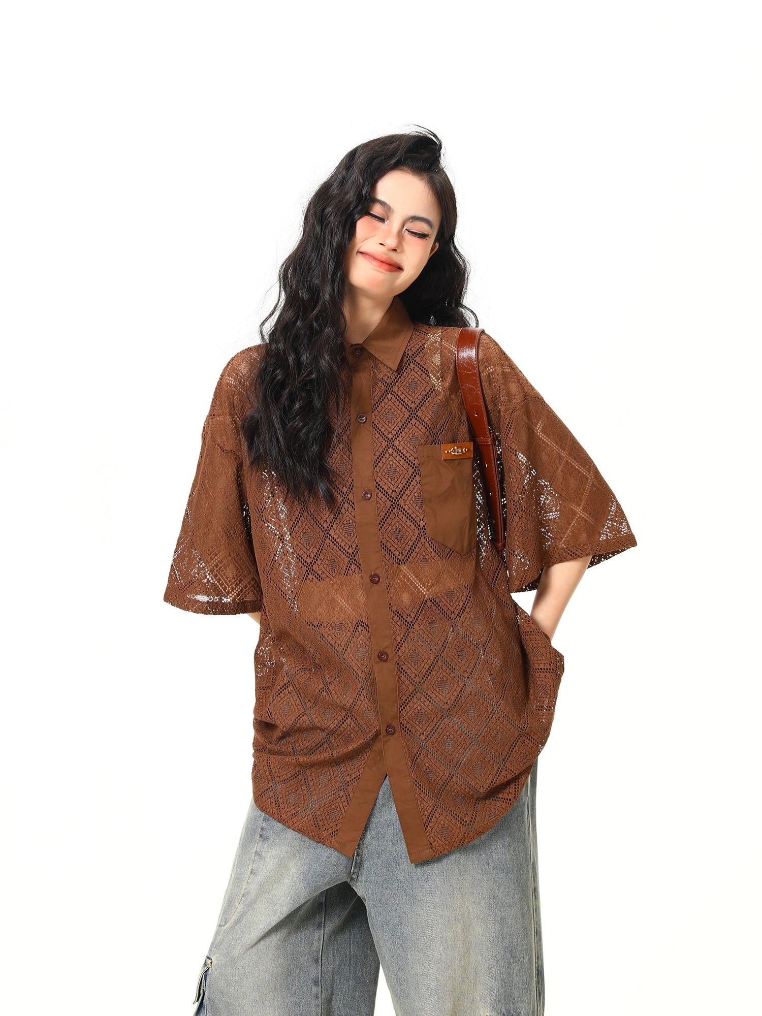 Sheer Geometric Lace Button-Up Shirt