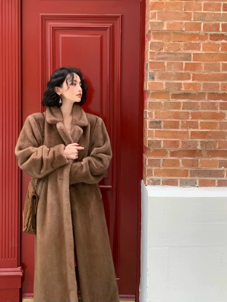 Long Brown Faux Fur Lapel Coat