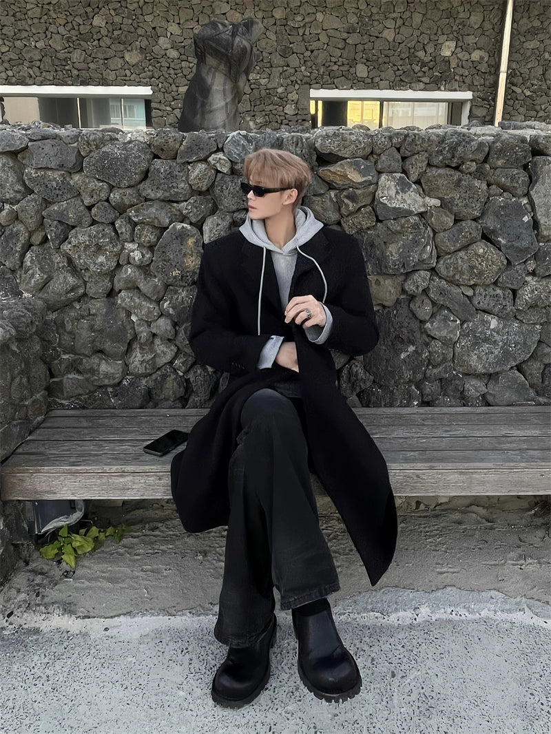 Long Black Wool Coat with Hoodie Layering
