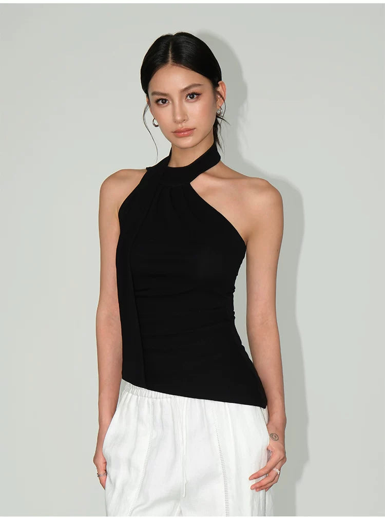 Ribbon Drape Asymmetric Halter Top