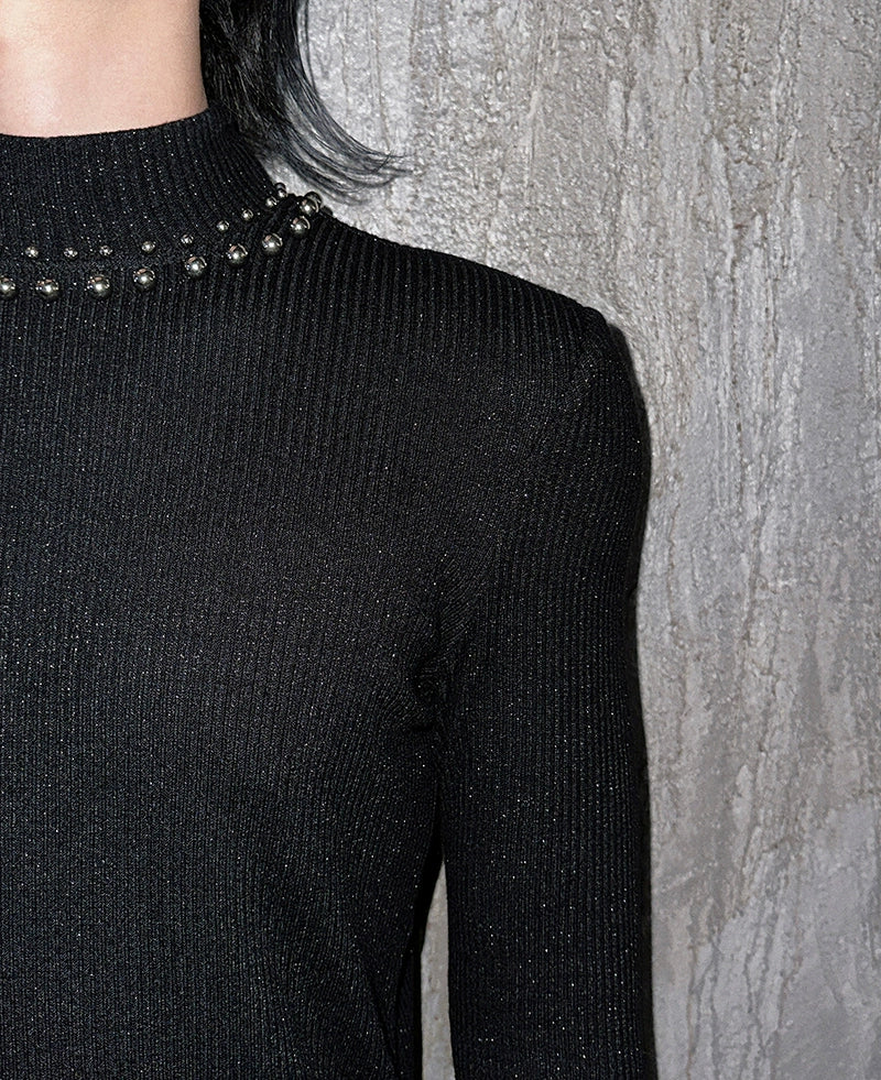 Black Studded Collar Ribbed Knit Top