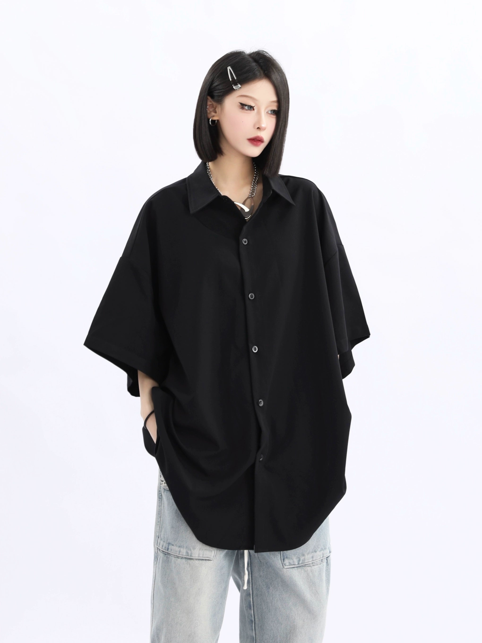 Oversized Black Button-Up Shirt by Wild Azi