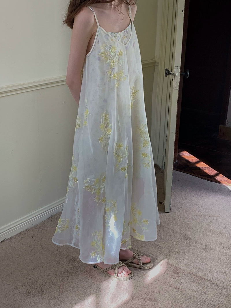 Floral Embroidered Tulle Midi Dress