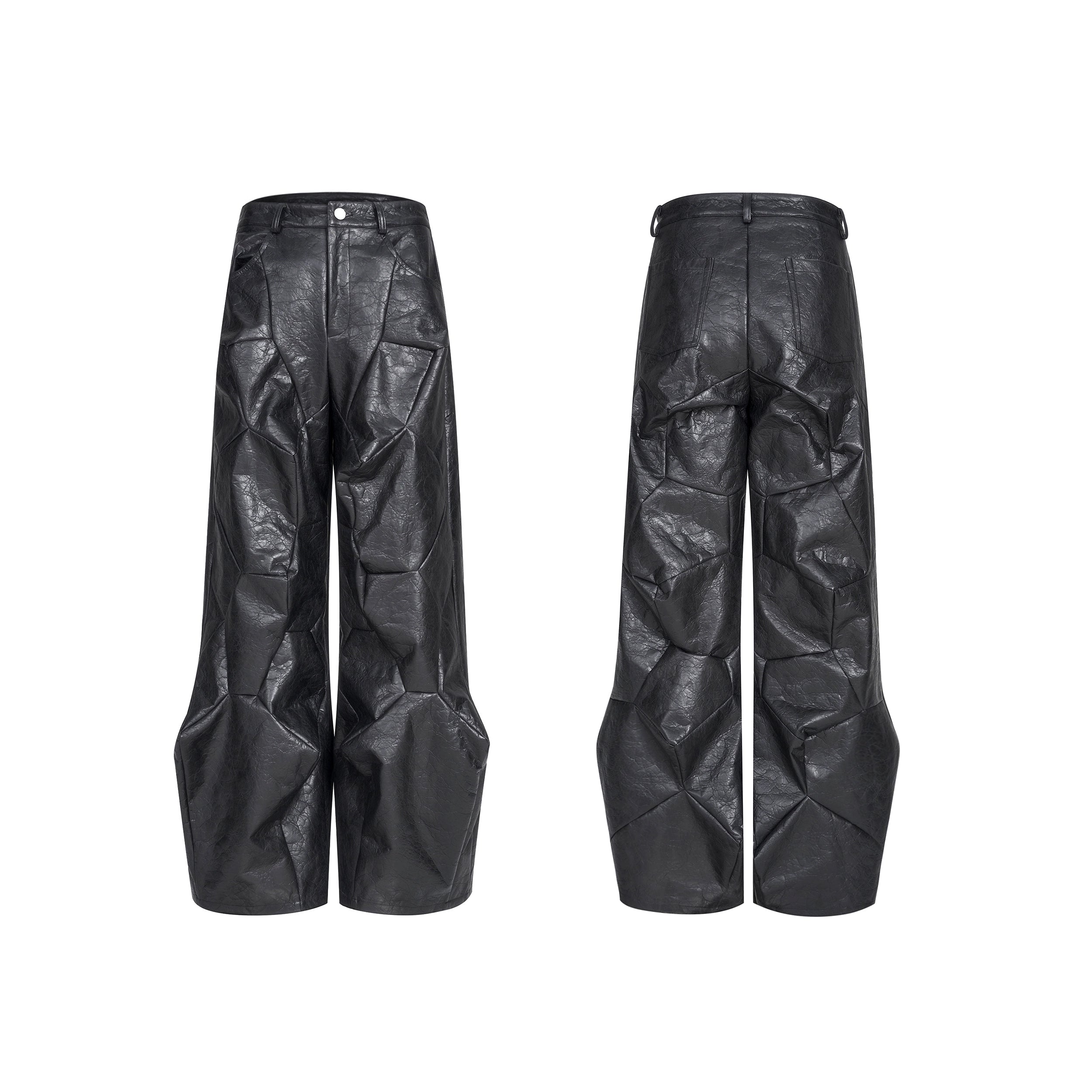 Black Geometric-Patterned Faux Leather Zip-Up Jacket and Pants Set