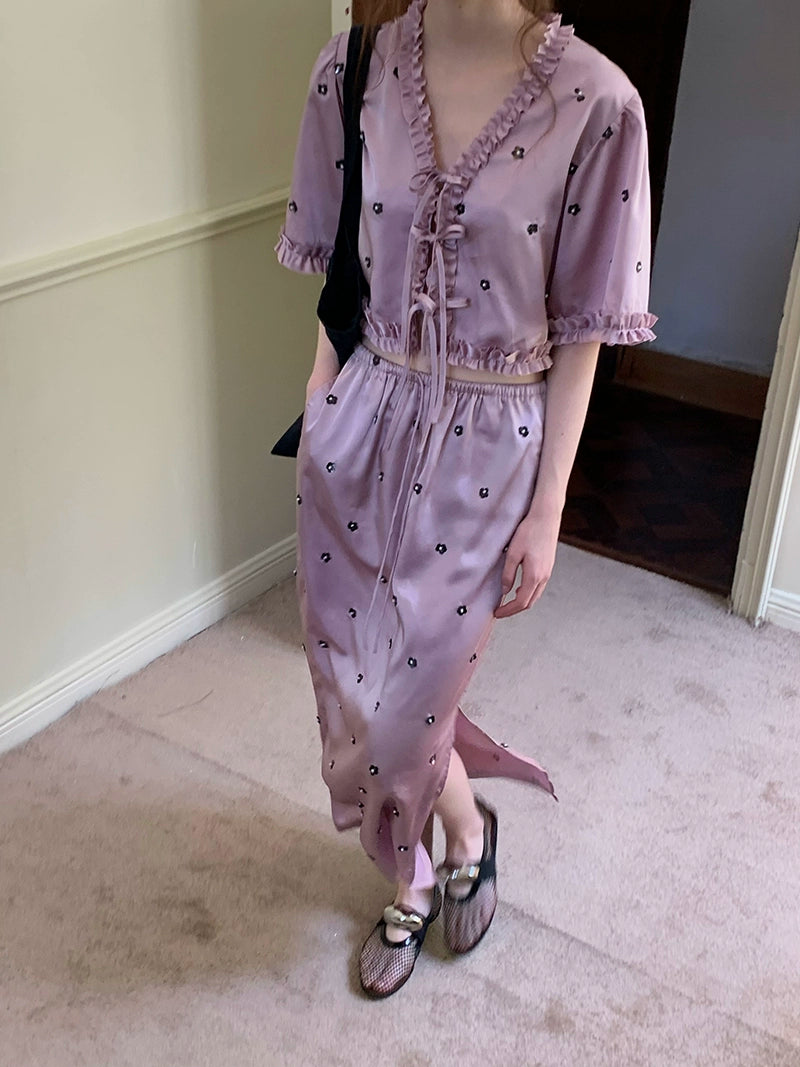 Lavender Ruffle Trim Floral Embroidered Blouse and Skirt Setup