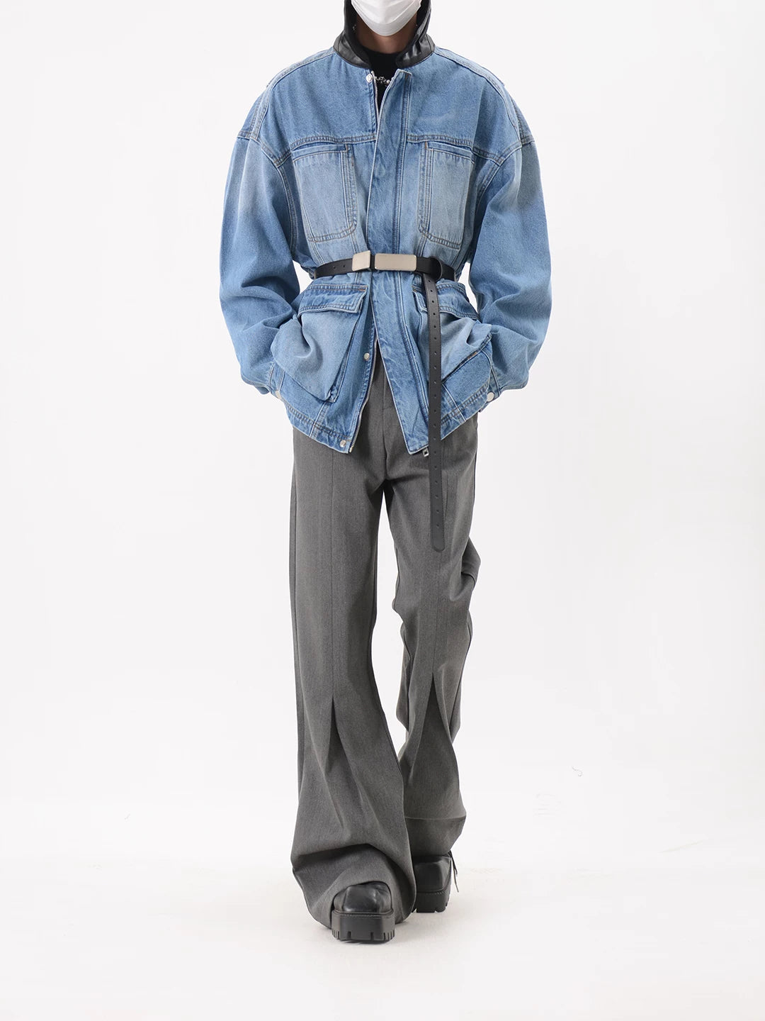 Blue Oversized Belted Denim Utility Jacket