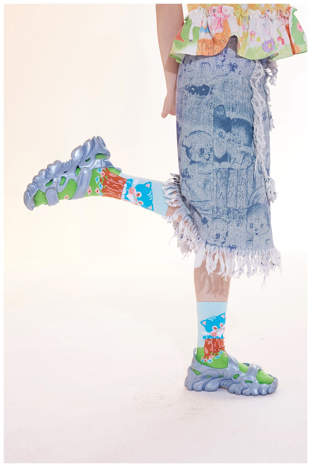 Cartoon Print Frayed Denim Midi Skirt