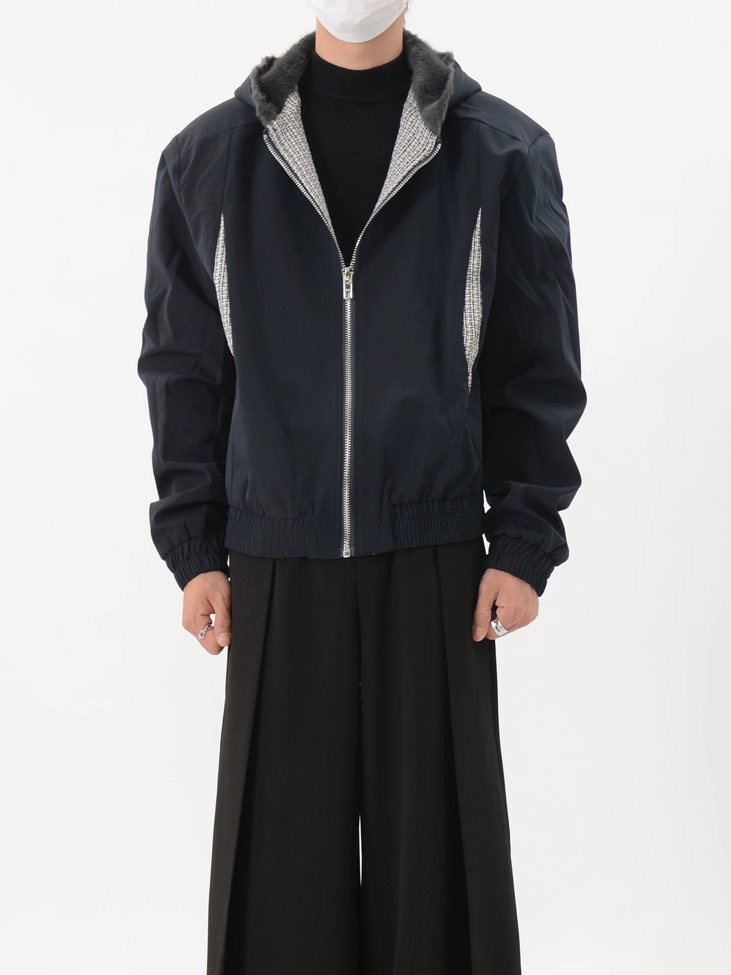 Contrast-Panel Faux Fur-Lined Hooded Bomber Jacket