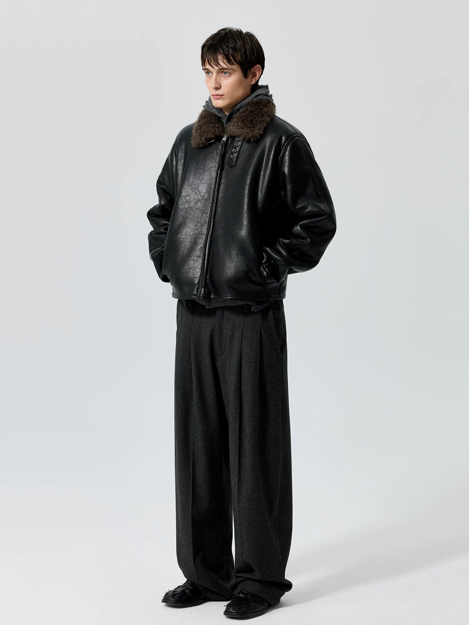 Oversized Faux Leather Jacket with Shearling Collar
