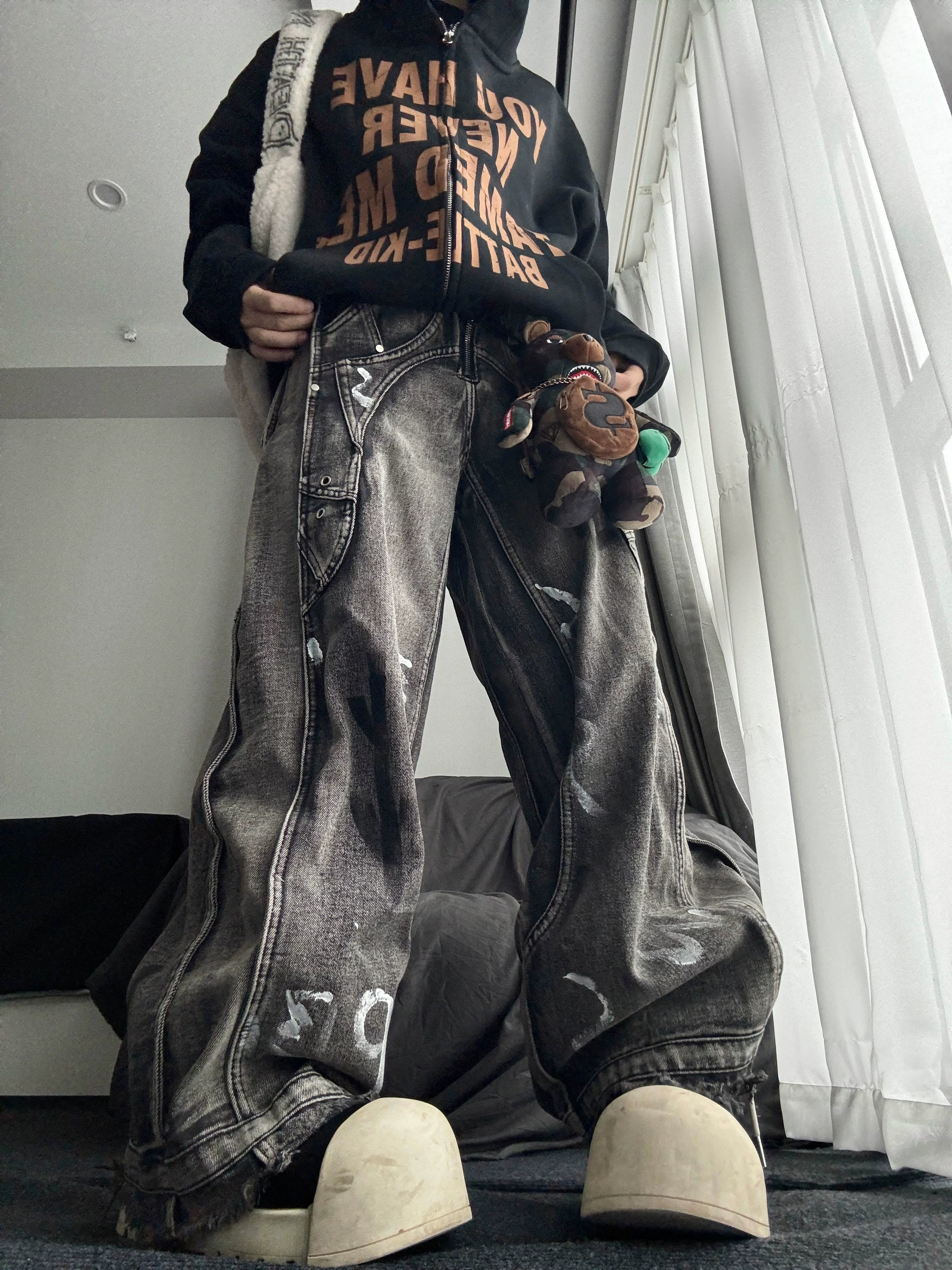 Faded Graffiti Drag-Hem Wide-Leg Jeans