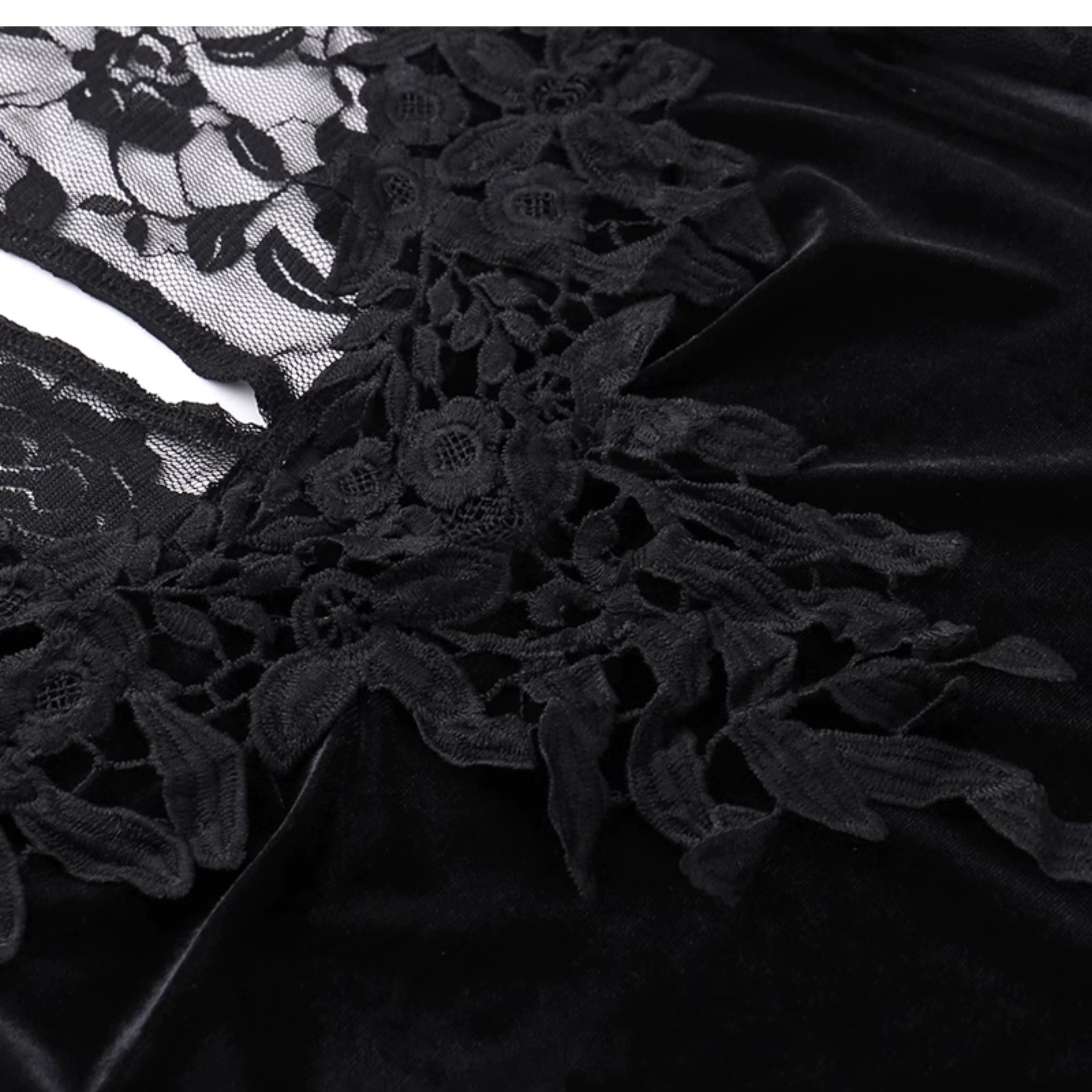 Robe sirène en velours gothique wannathis - robe de plancher en dentelle à manches longues avec collier élevé