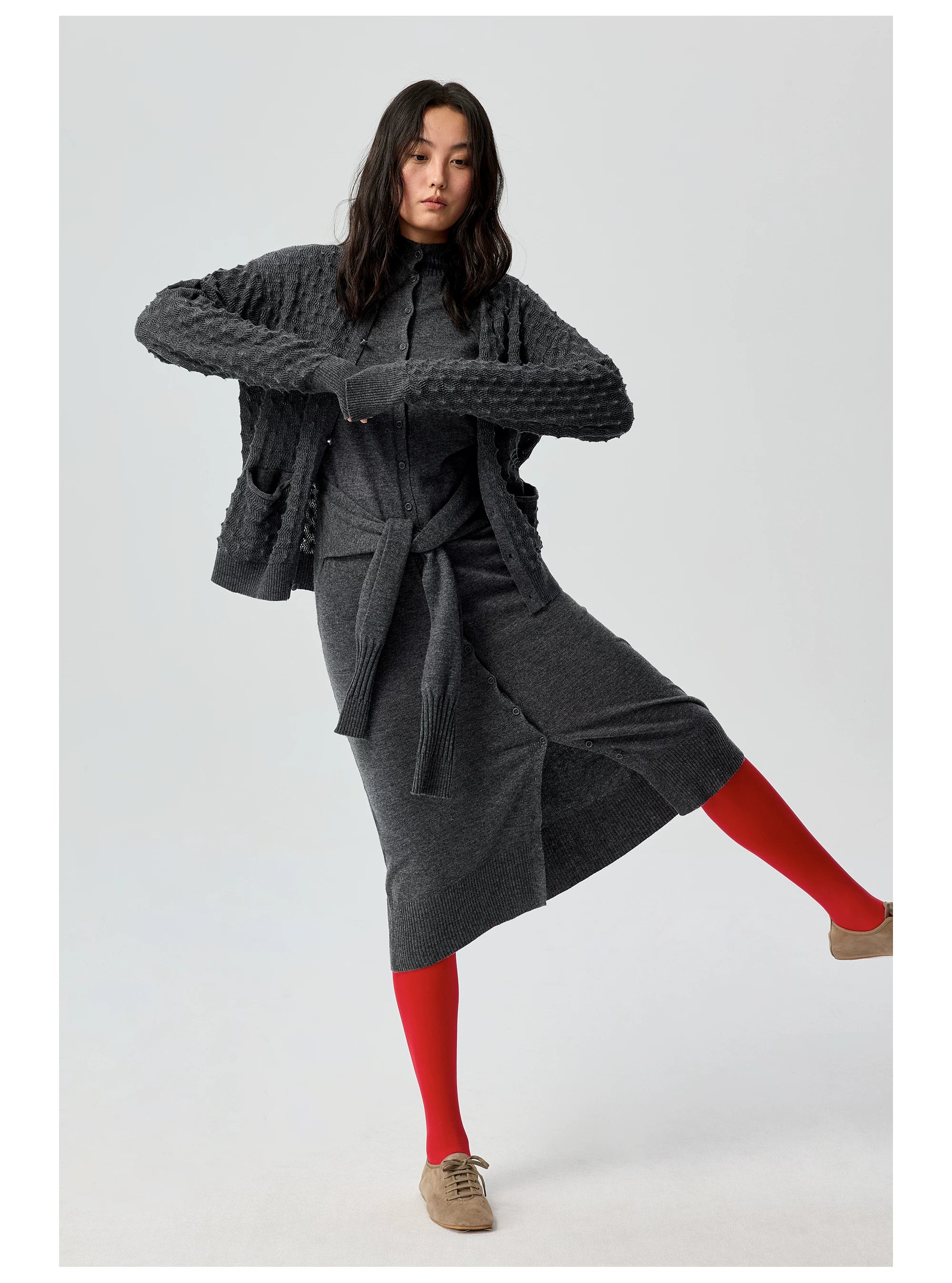Button-Front Knit Midi Dress with Waist Tie