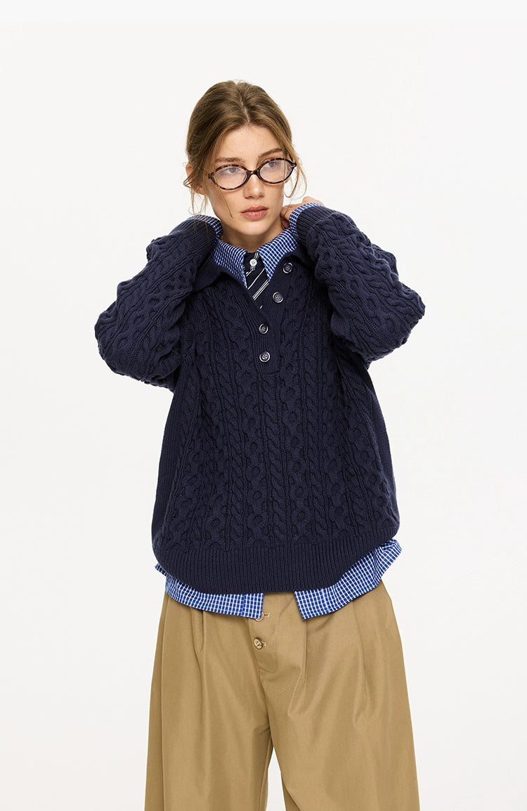 Cable Knit Polo Collar Sweater