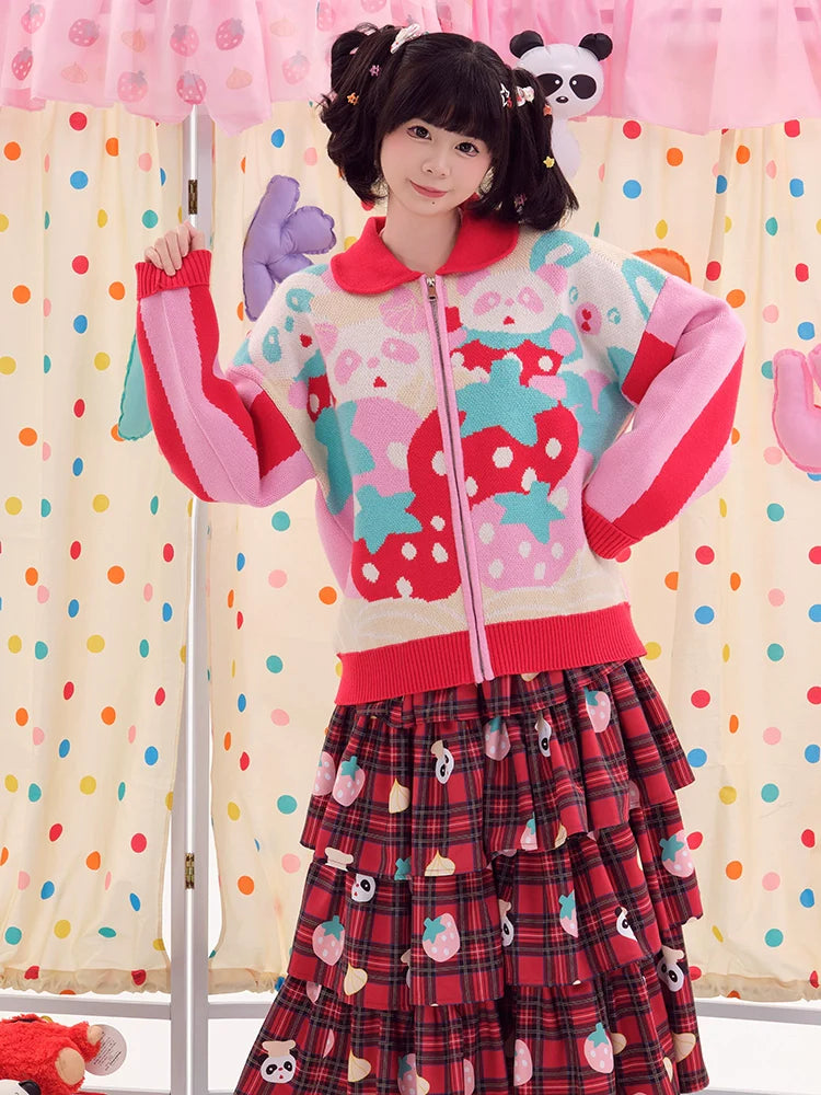 Strawberry Print Zip-Up Jacket with Peter Pan Collar