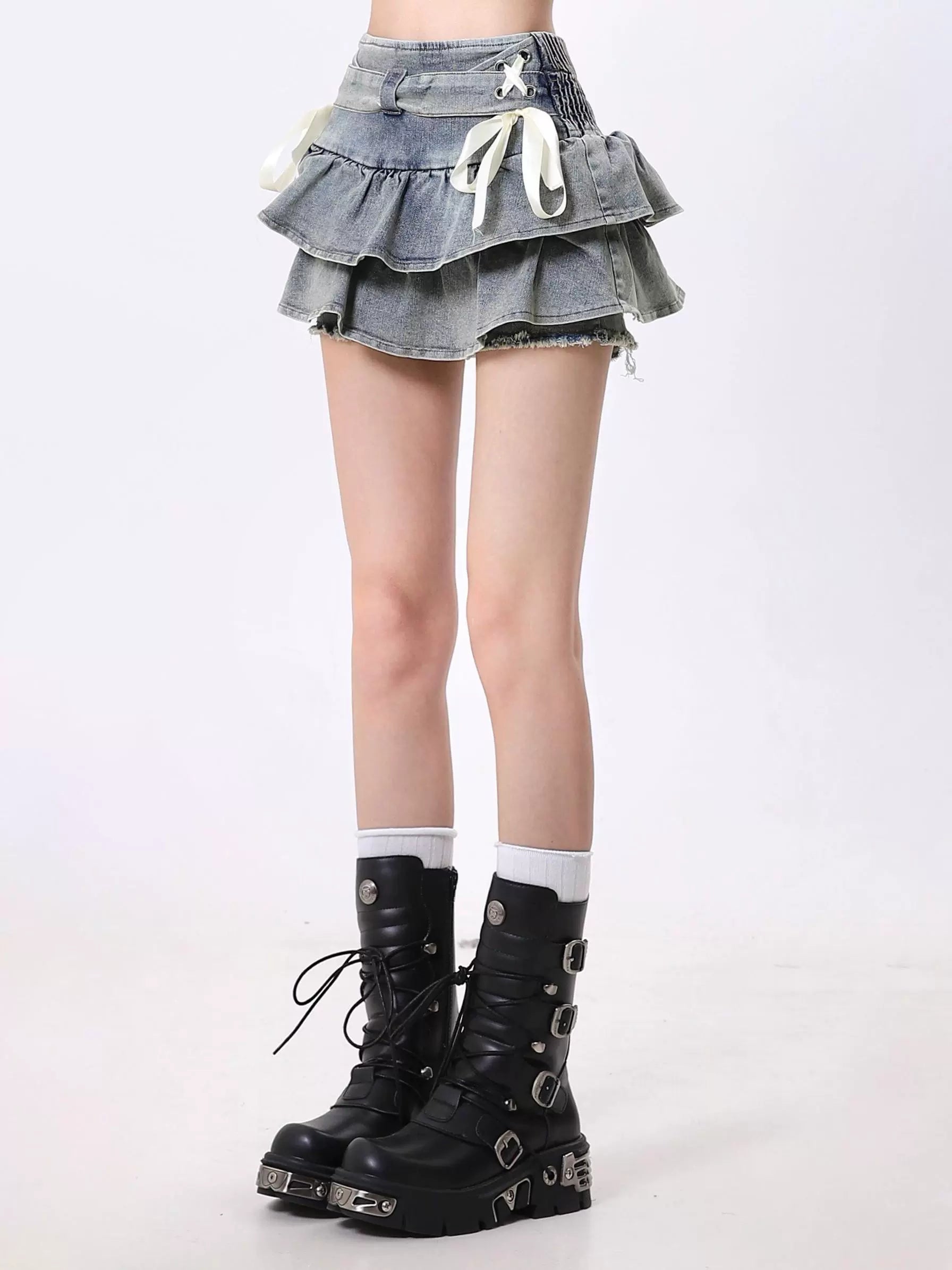 Layered Denim Mini Skirt with Ribbon Ties
