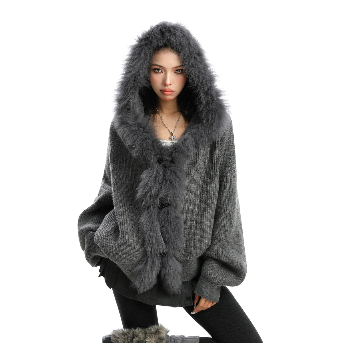 Shadow Luxe Fur-Trim Hooded Knit Cardigan