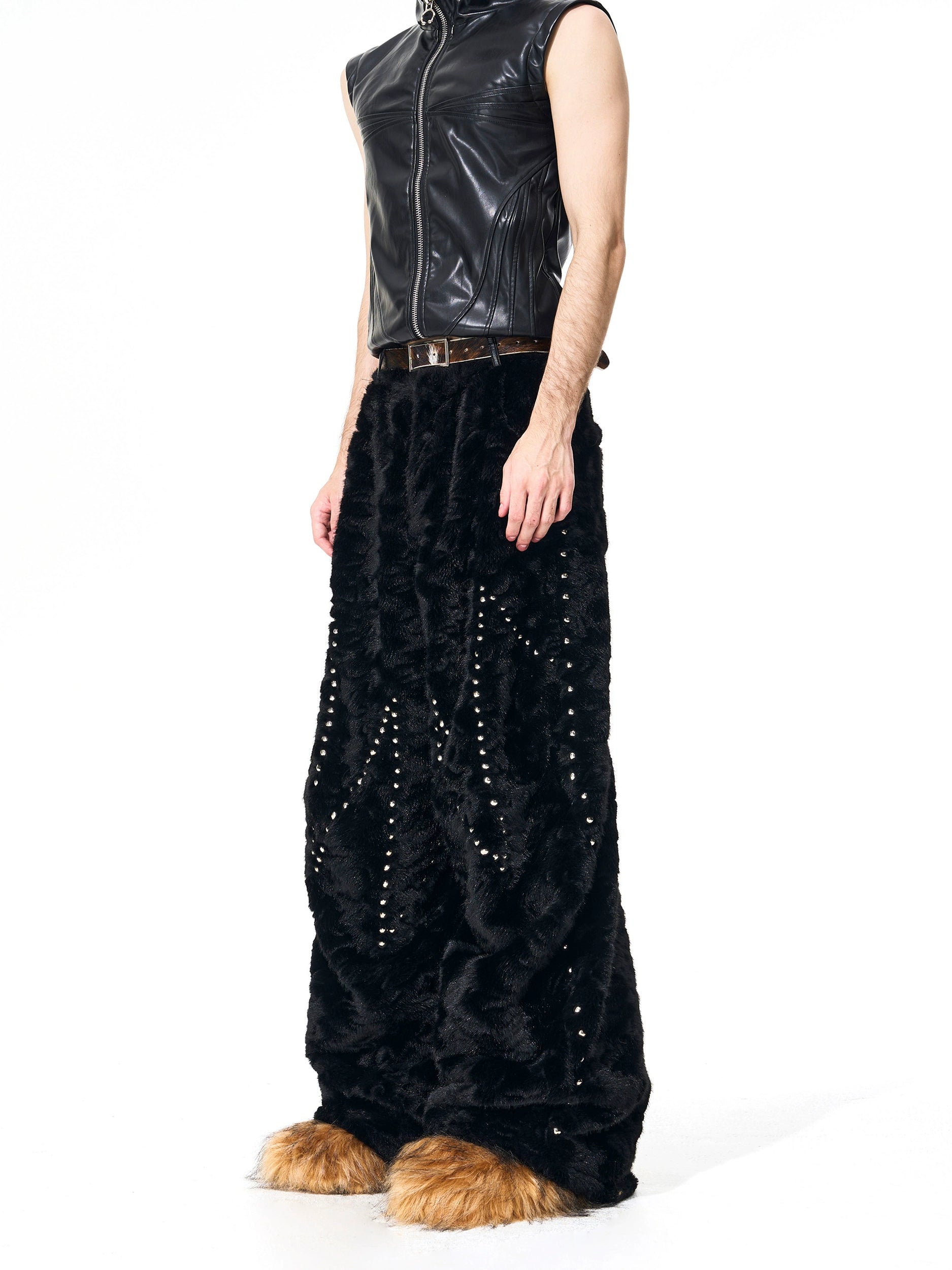 Black Faux Fur Coat and Wide Leg Pants