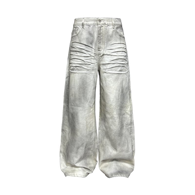 Faded White Ruched-Front Wide-Leg Jeans