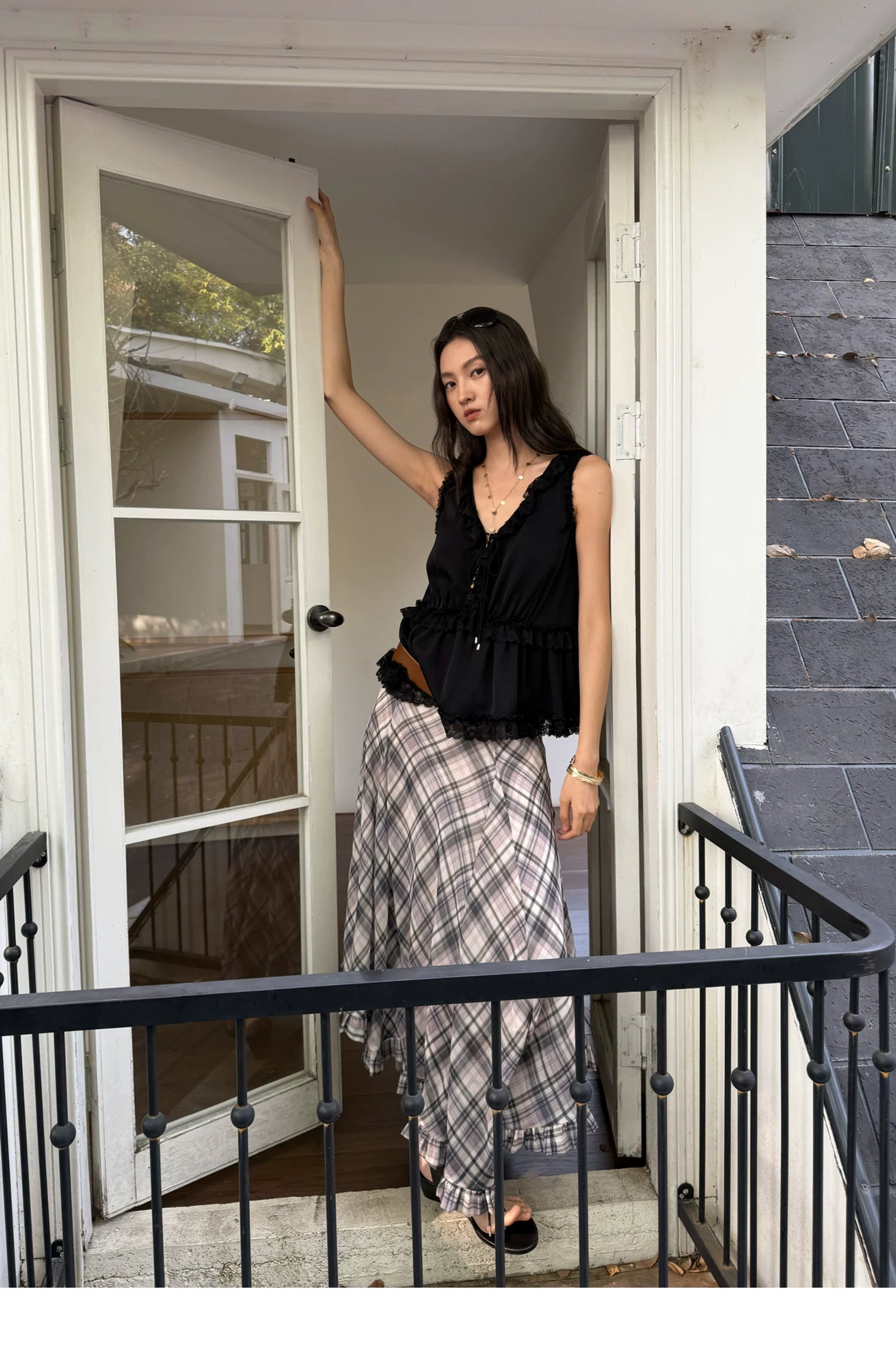 Plaid Chiffon Asymmetric Hem Skirt - purple plaid soft styling