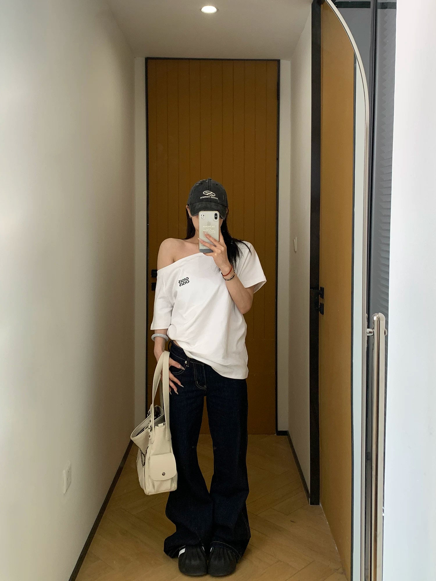 Ash Off-Shoulder Logo Tee