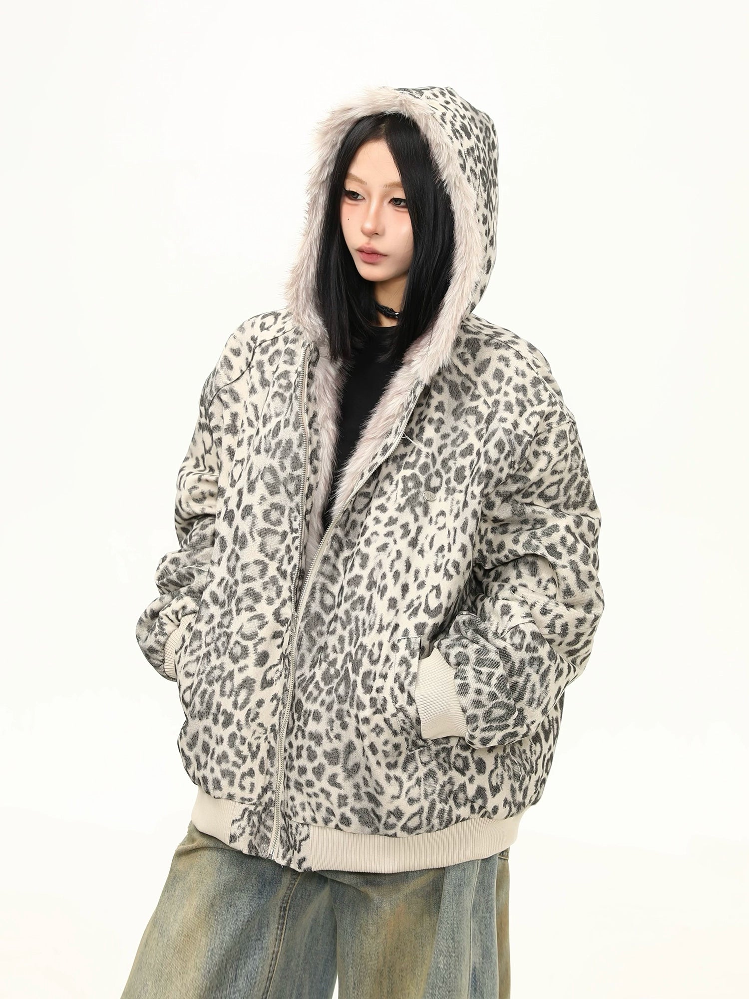 Snow Leopard Plush Zip Hoodie Jacket