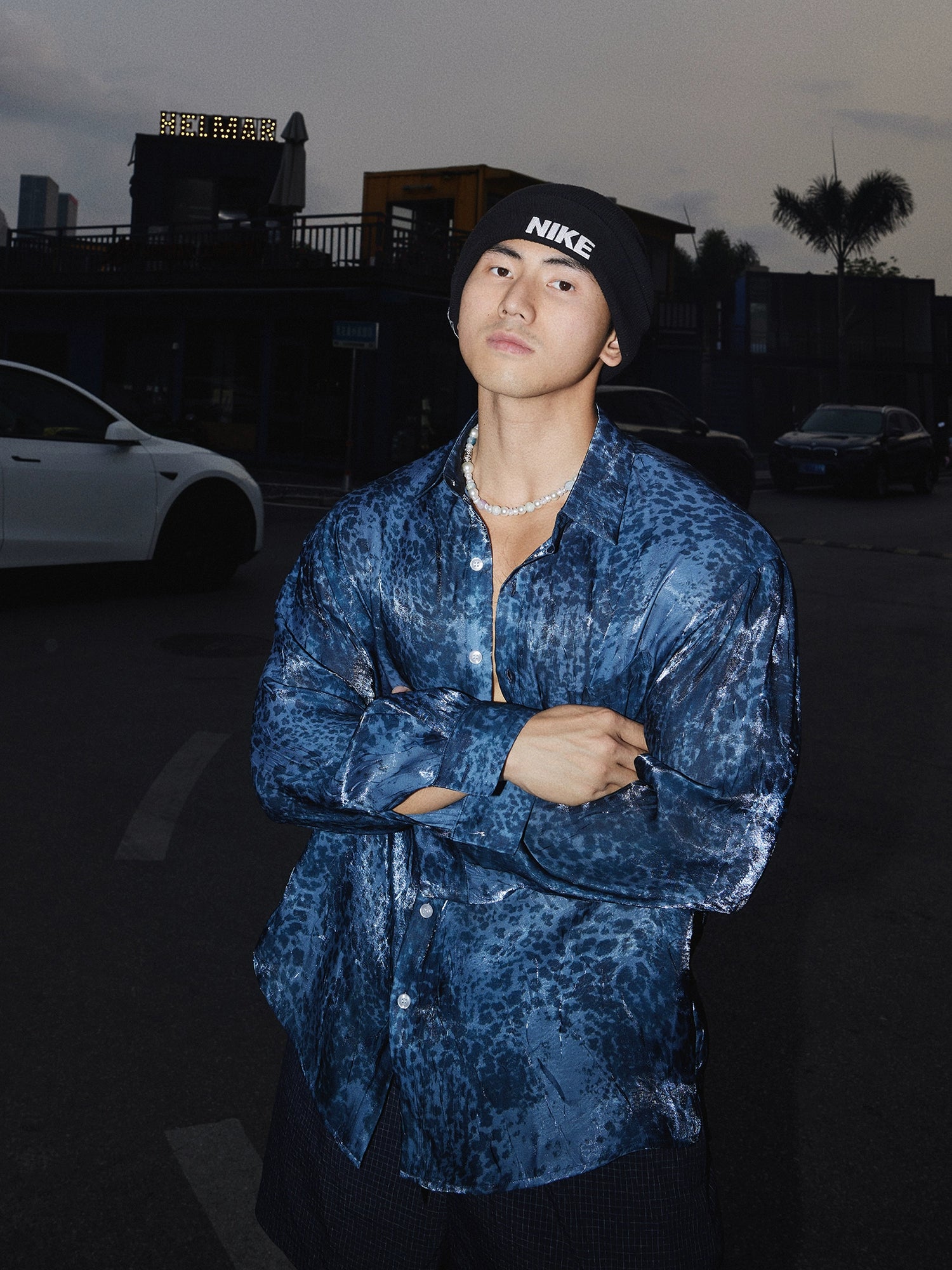 Navy Blue Shiny Leopard Print Button-Up Shirt