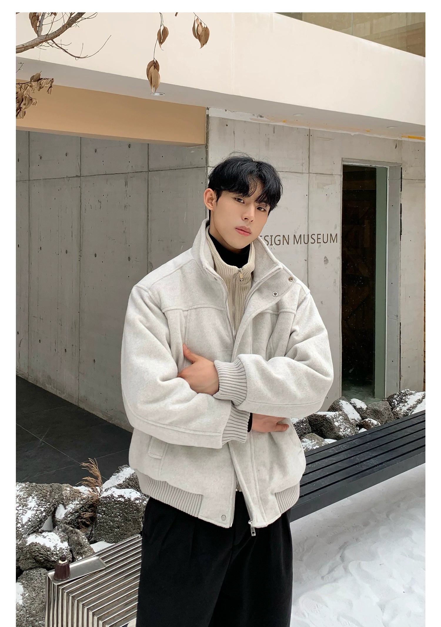 Bomber Jacket with Stand Collar and Ribbed Cuffs