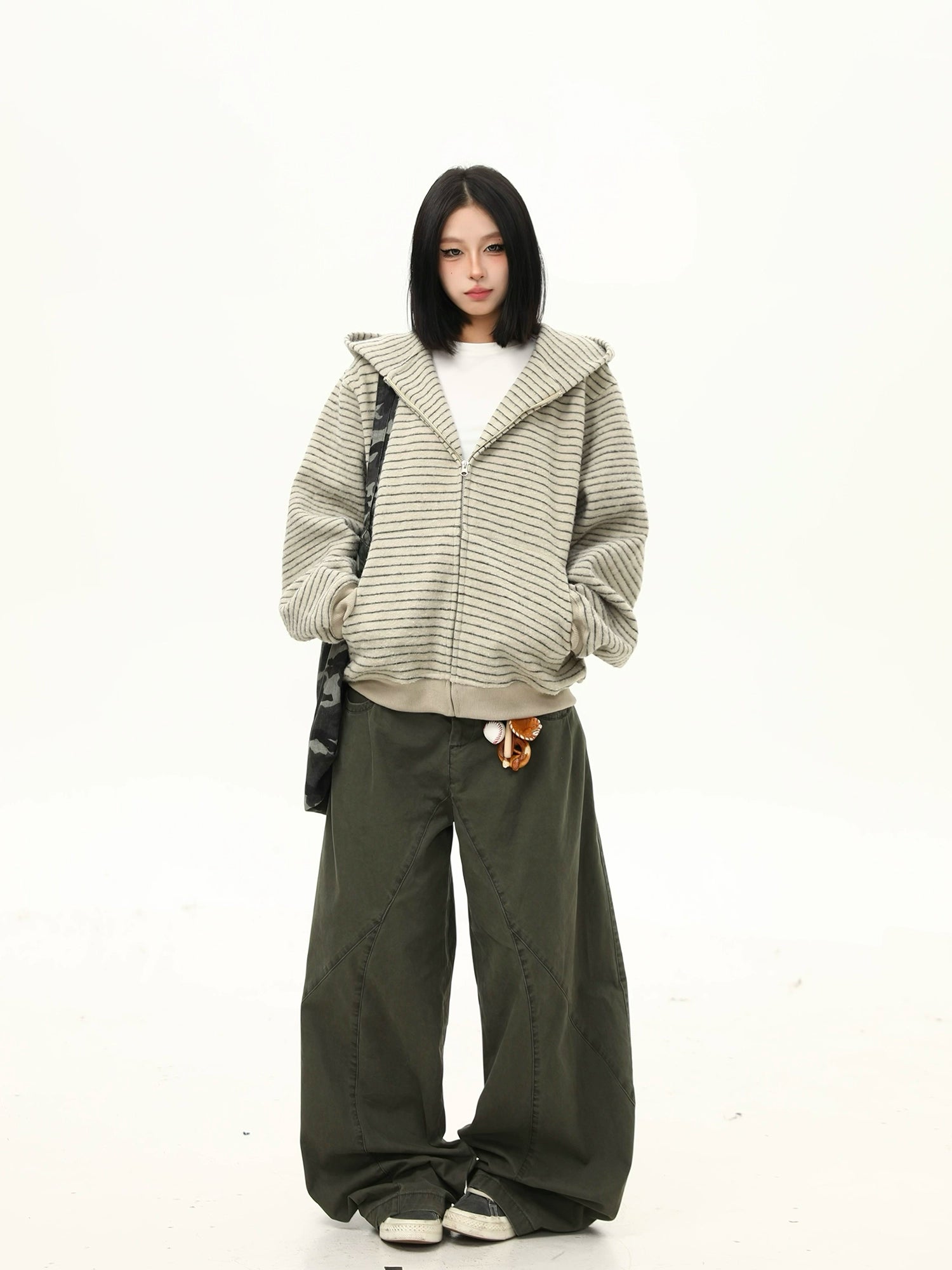 Oversized Striped Fleece Zip-Up Hoodie