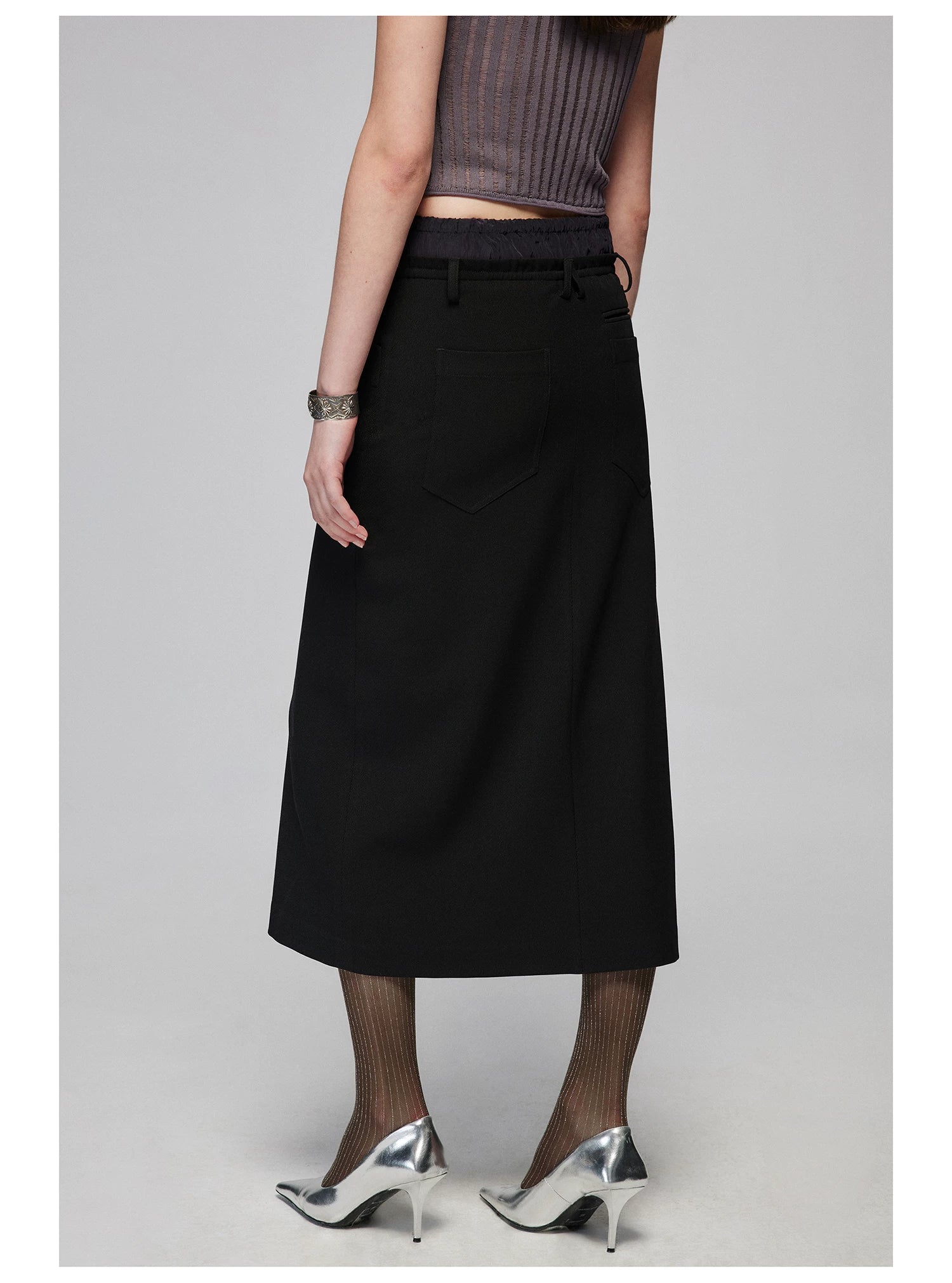 Layered Waist Front-Slit Midi Skirt
